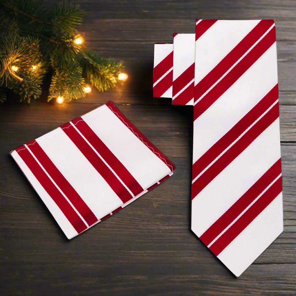 Elegant styling of the red stripe silk necktie with a light blue dress shirt and matching pocket square.