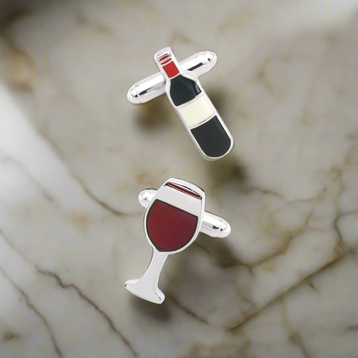 Champagne Elegance Cufflinks featuring a playful champagne bottle and glasses design, perfect for formal events.