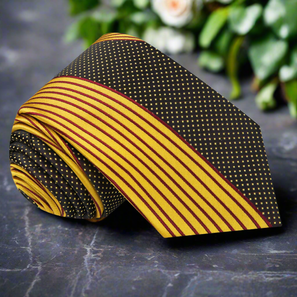 Front view of the vibrant silk necktie showcasing its abstract patterns, perfect for formal occasions.