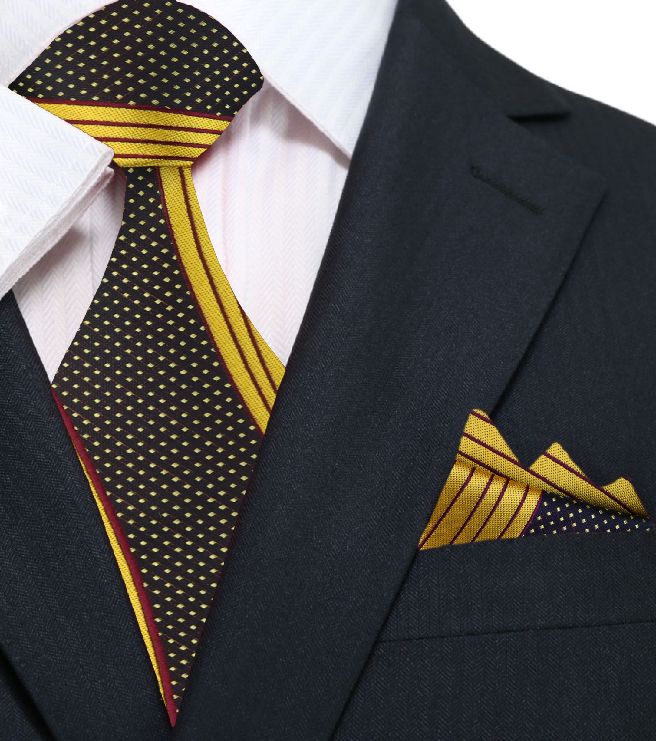 Close-up of the yellow gold and burgundy silk necktie, highlighting its luxurious fabric and intricate design.