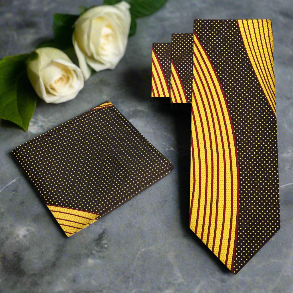 Front view of the vibrant silk necktie showcasing its abstract patterns, perfect for formal occasions.