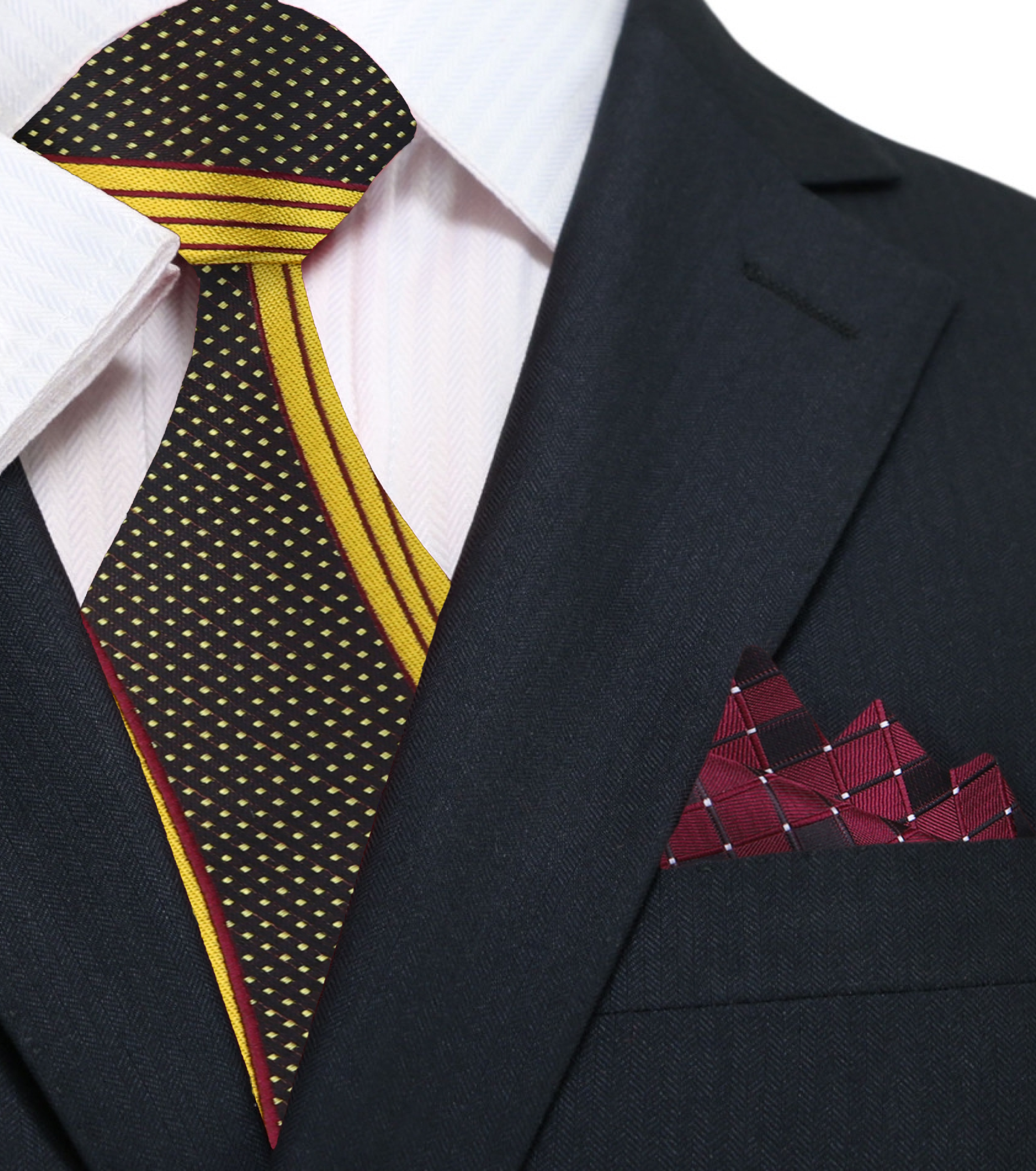 Close-up of the yellow gold and burgundy silk necktie, highlighting its luxurious fabric and intricate design.