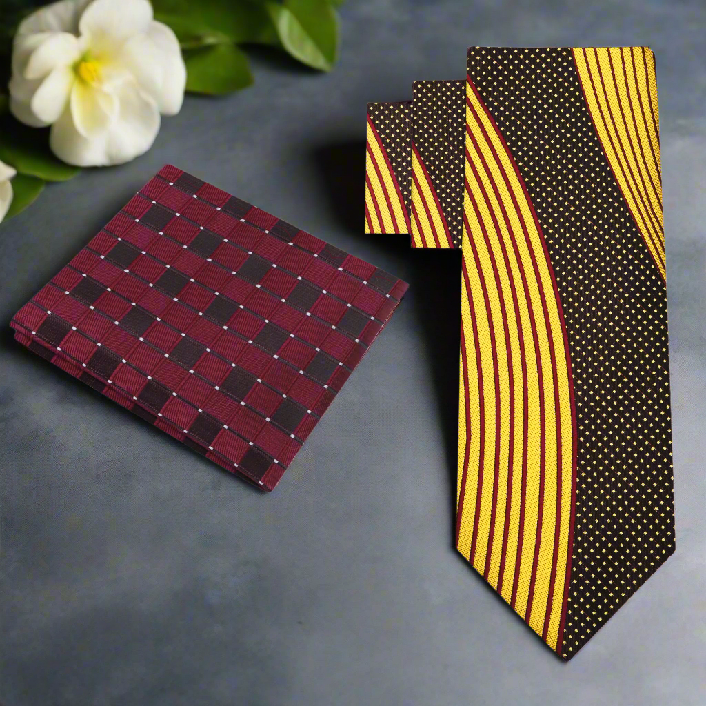 Front view of the vibrant silk necktie showcasing its abstract patterns, perfect for formal occasions.