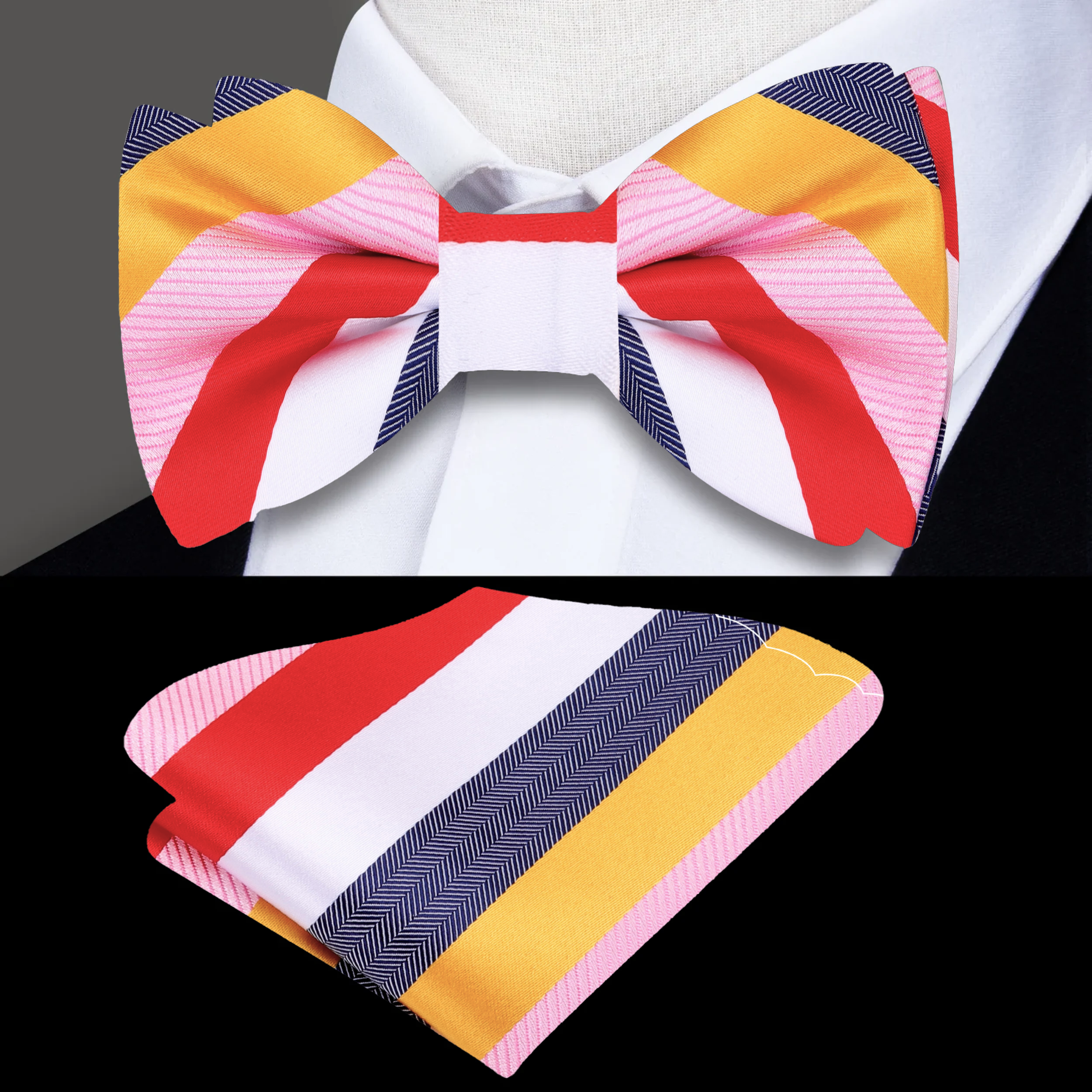 Elegant man at a gallery opening wearing a navy and white stripe bow tie, adding personality to his outfit.