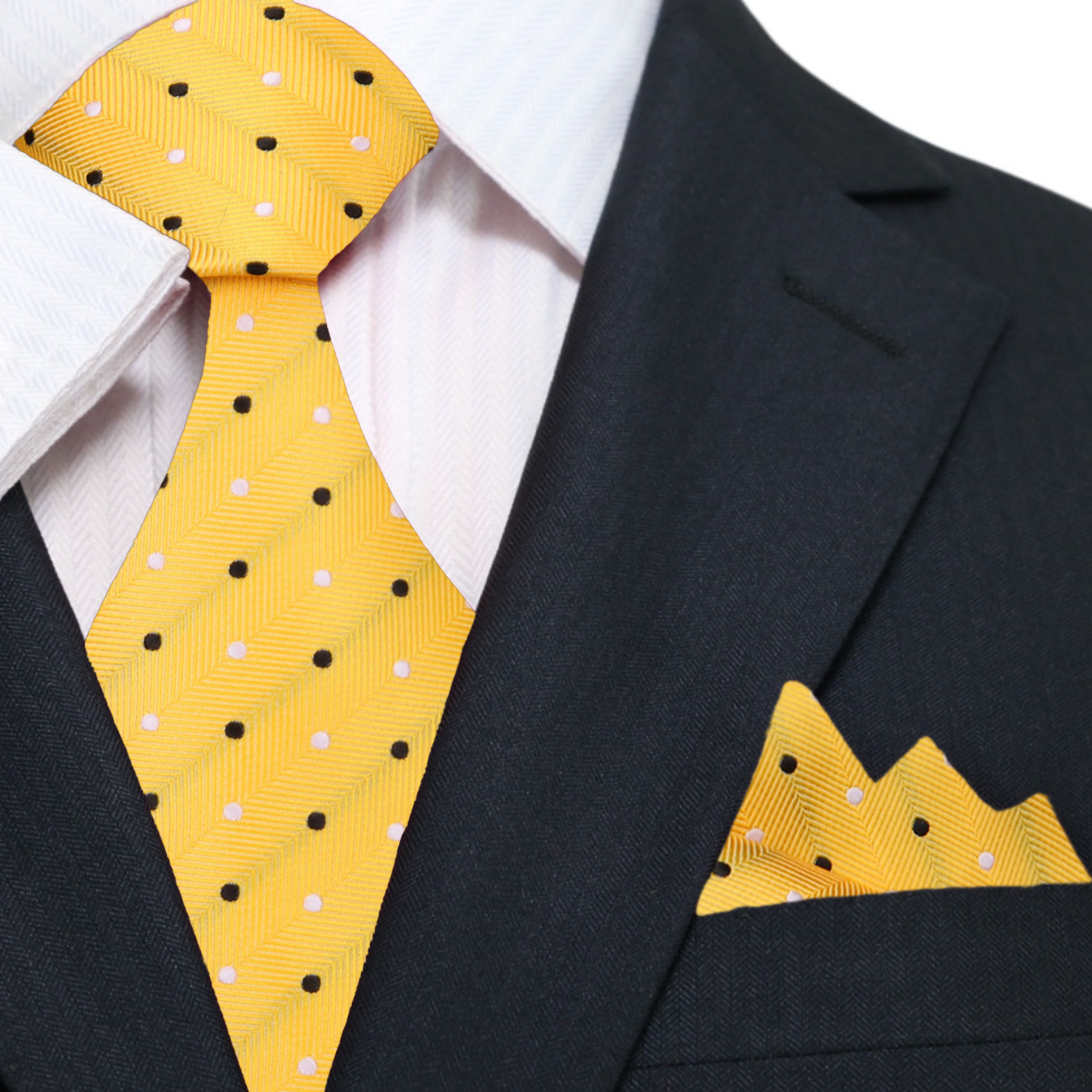 Stylish polka dot necktie for boys, yellow silk fabric, perfect for ages 6 to 11.