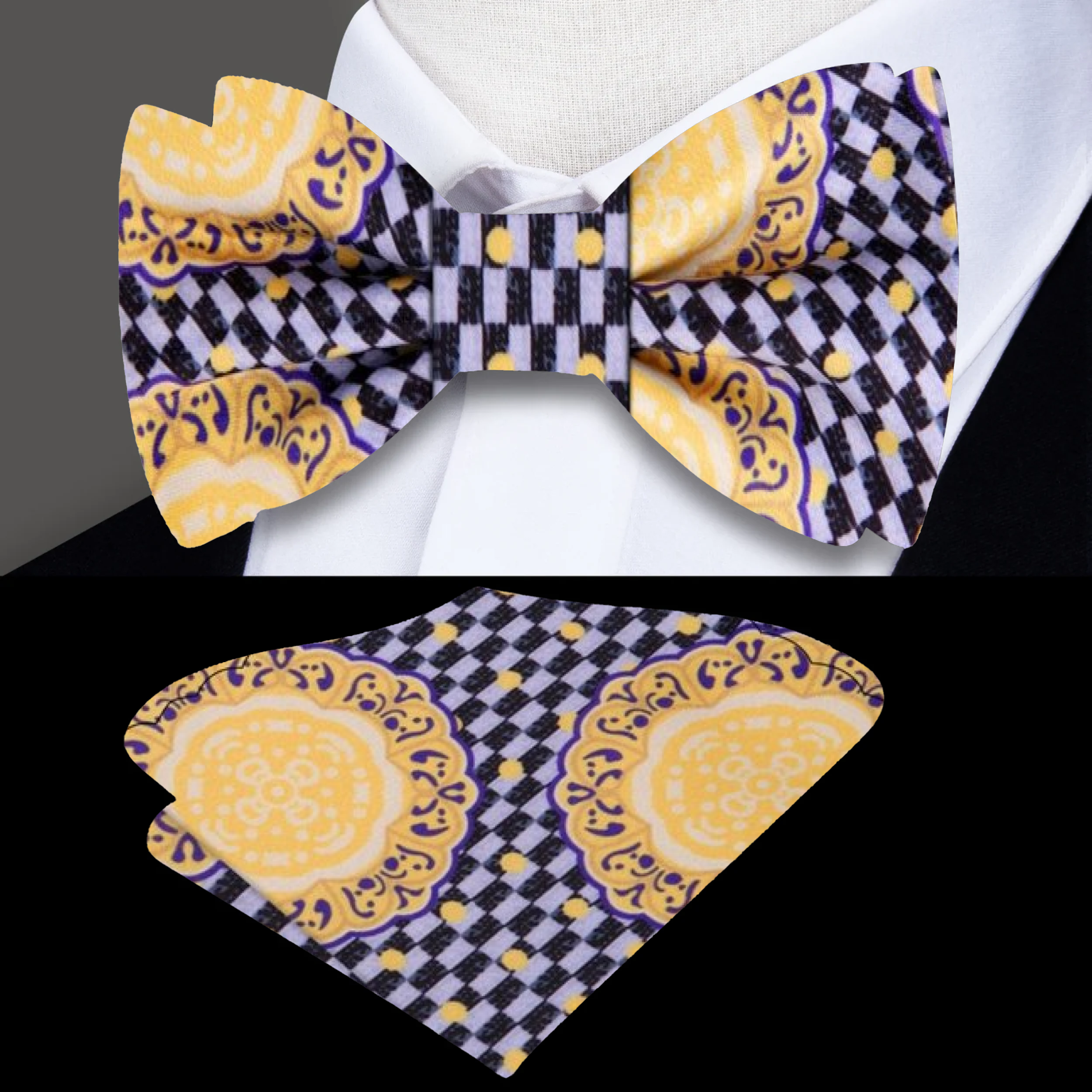 Premium men's bow tie with shield pattern on a white background, showcasing its intricate design.