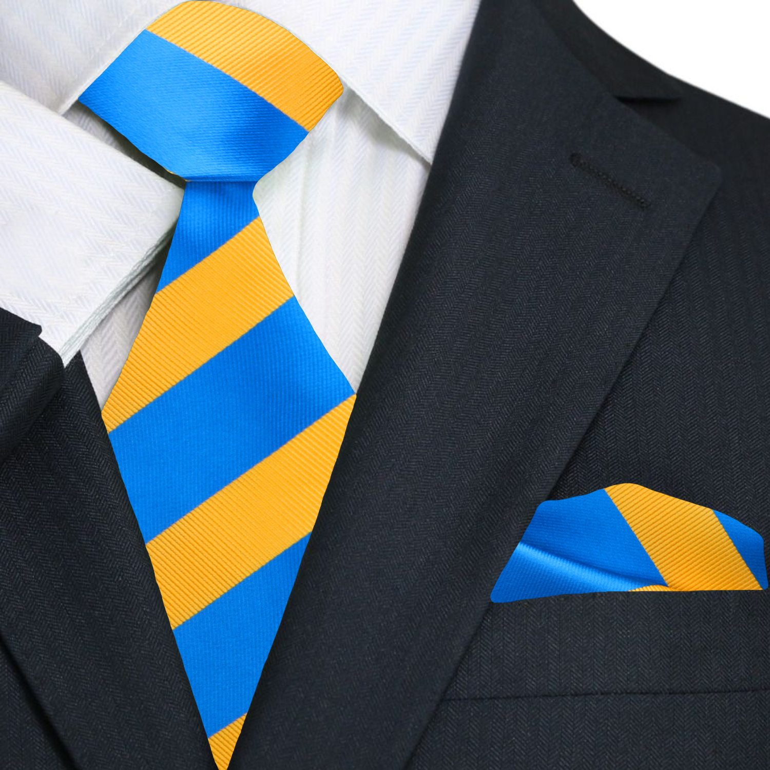 Man wearing a mens striped silk tie with a navy suit at a wedding