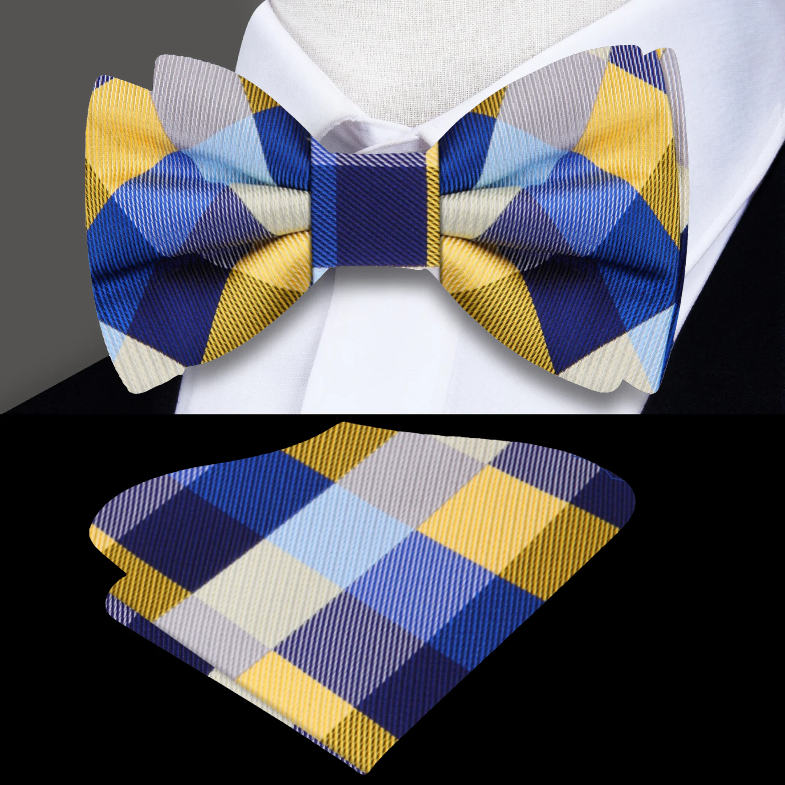 Men’s accessories featuring a vibrant buffalo check bow tie paired with a white dress shirt