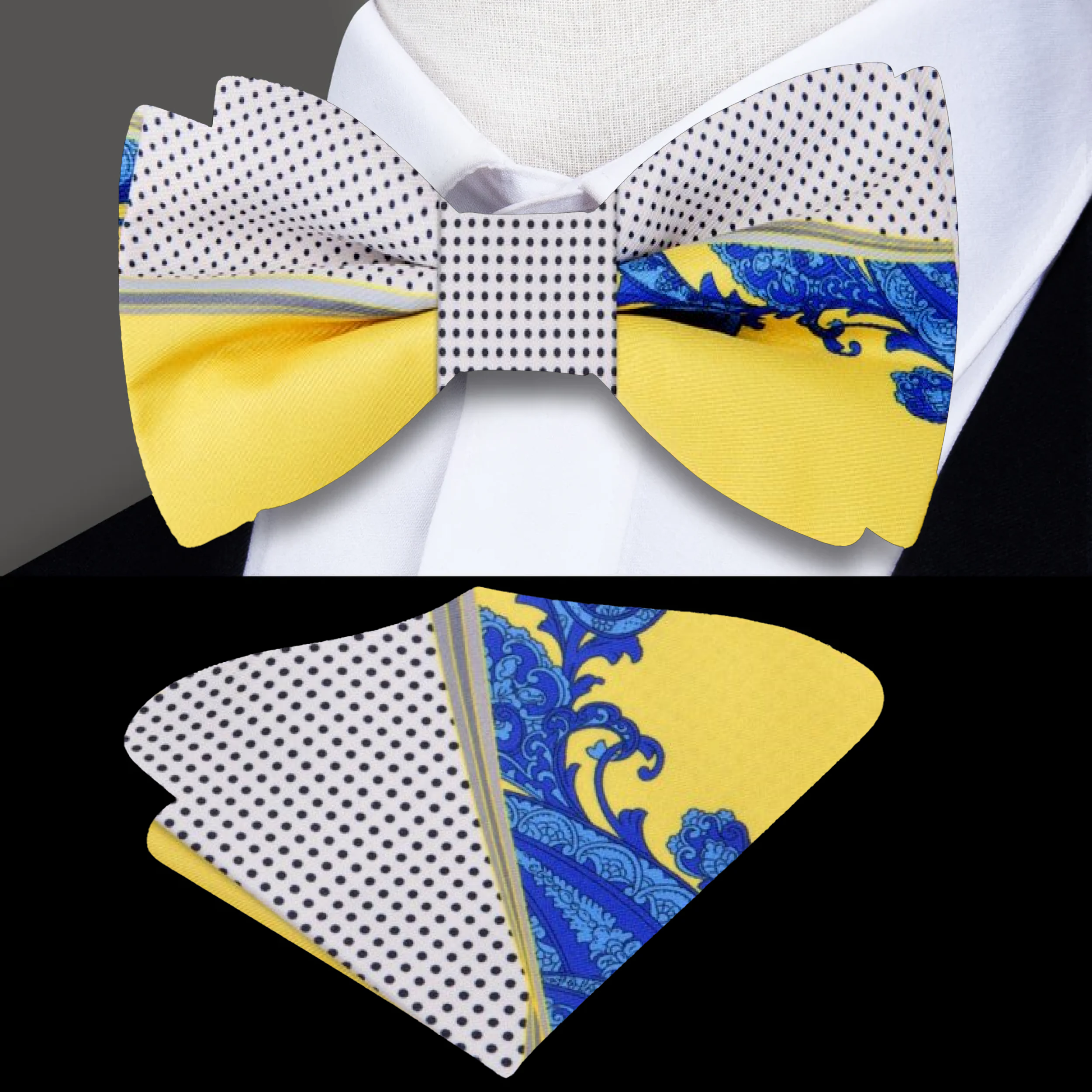 Close-up of the paisley pattern on the neon bow tie showcasing its intricate design.
