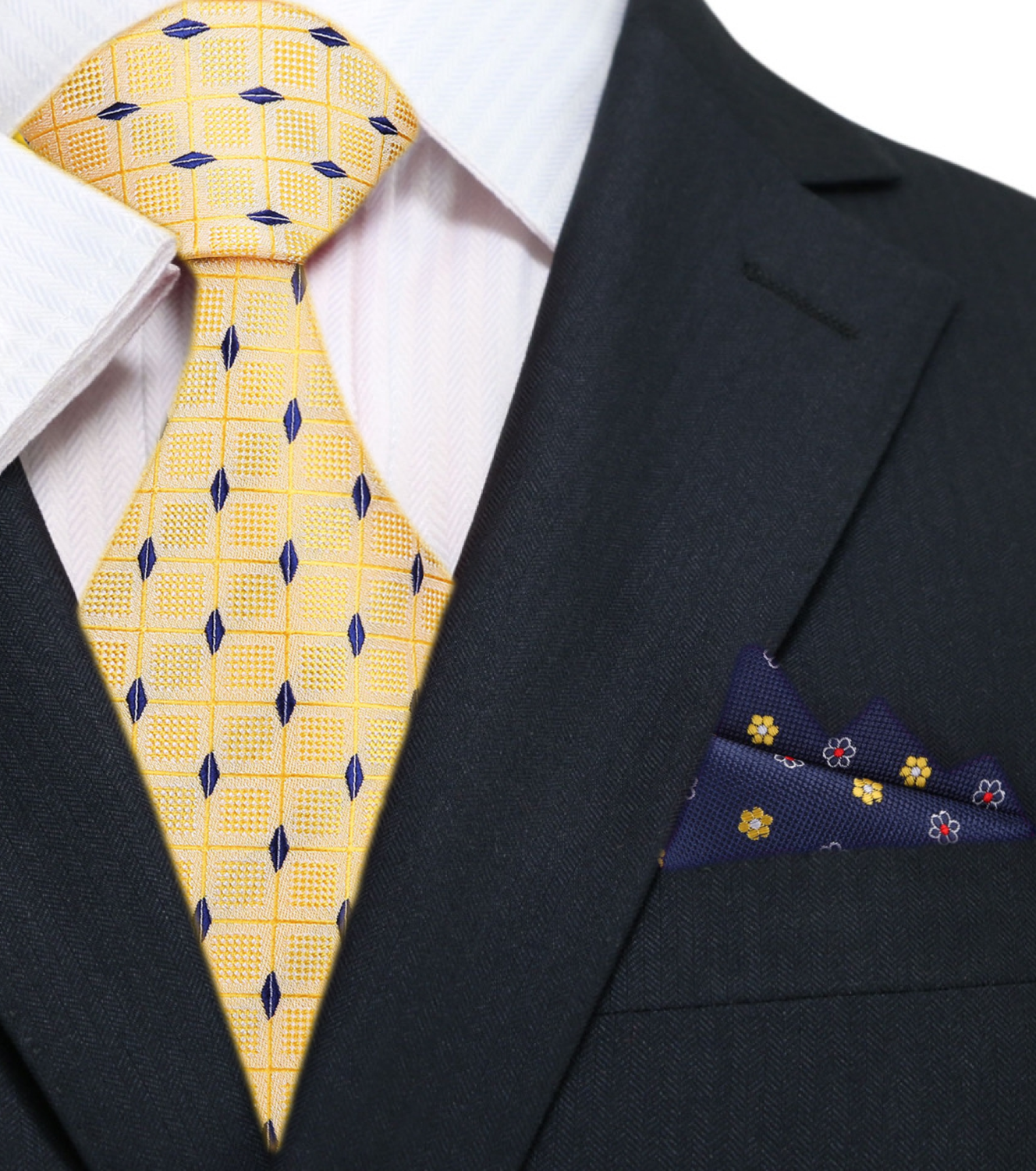 Close-up of the luxurious silk fabric of the premium geometric necktie, highlighting its texture and colors.
