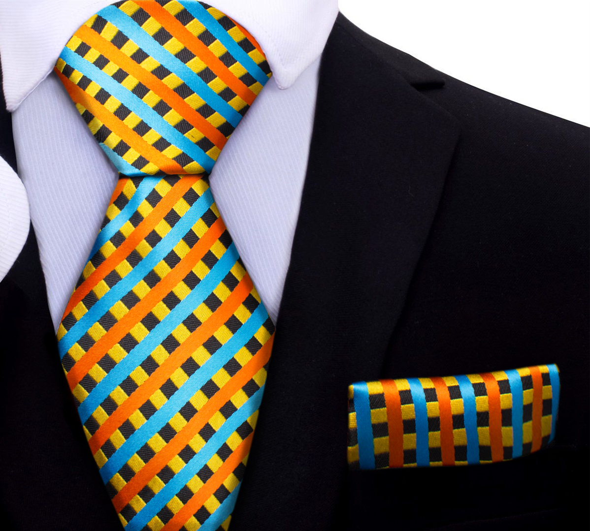Close-up of a vibrant blue, yellow, and orange plaid silk tie for men