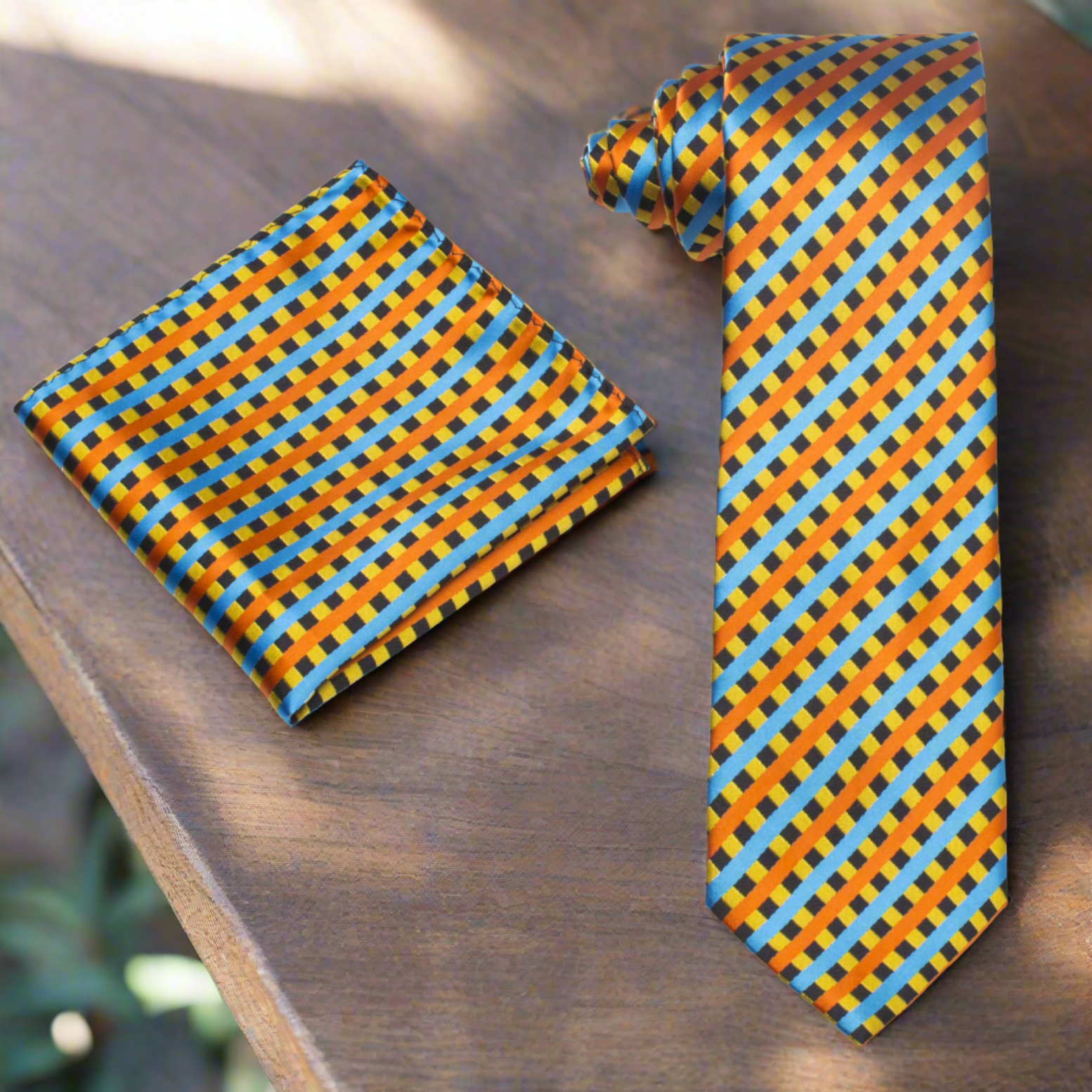 Styled image of a man wearing a colorful plaid tie at a formal event