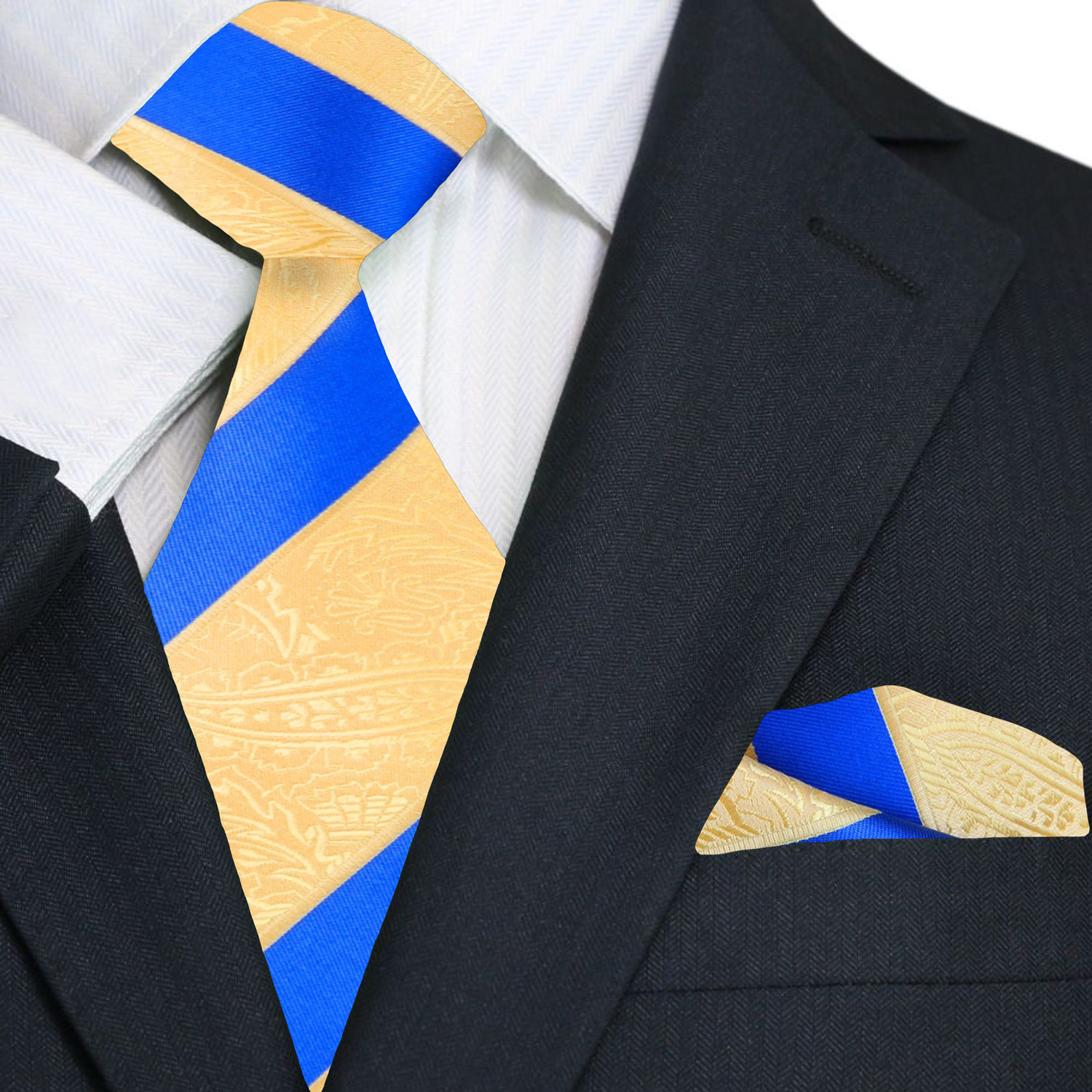 Vibrant yellow paisley necktie on a suit jacket, showcasing the elegant design.