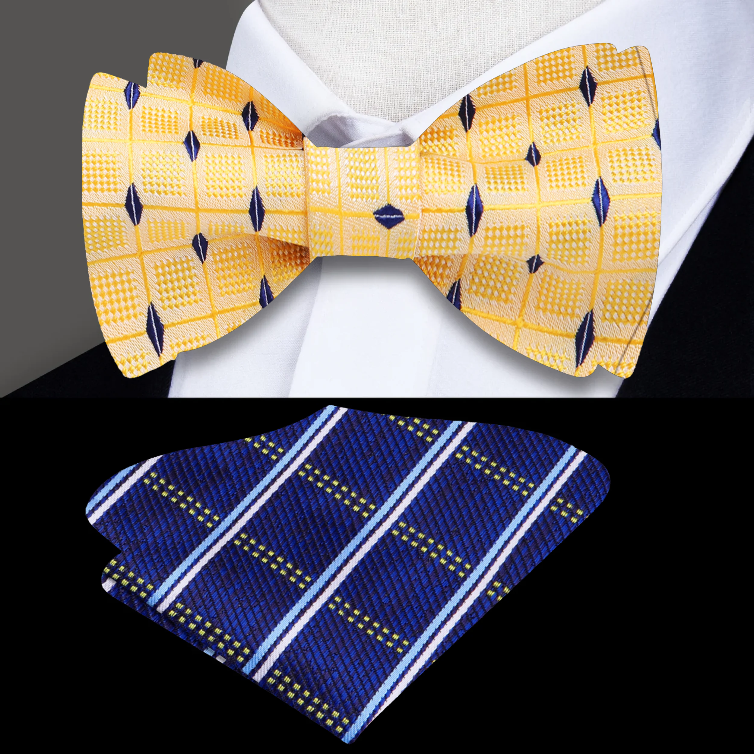 Close-up of vibrant yellow silk bow tie with blue diamonds, ideal for weddings and formal events.