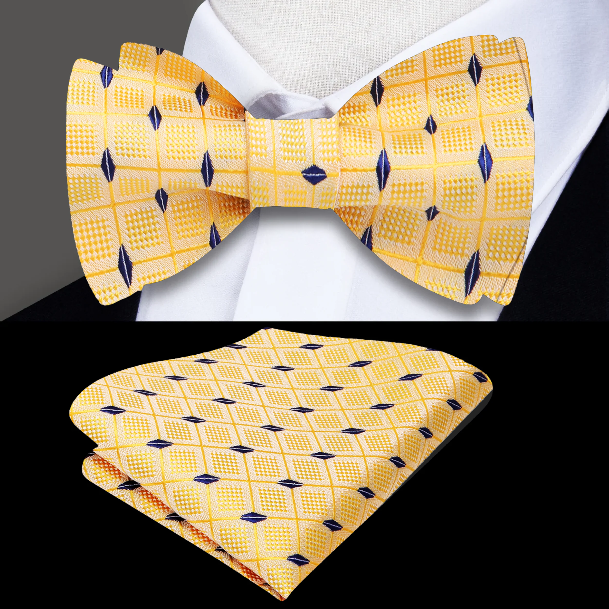 Stylish vibrant yellow bow tie shown with a white dress shirt, showcasing its elegant design.