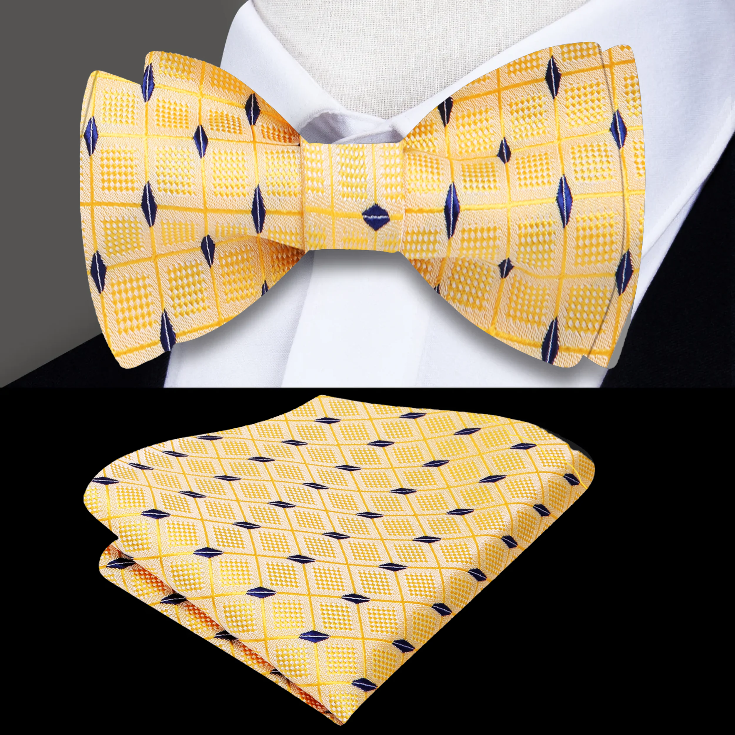 Elegant cream geometric self-tie bow tie paired with a grey suit for formal event