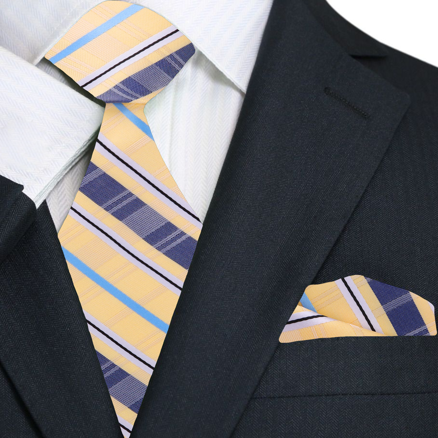 Close-up of a stylish men's plaid tie in blue and yellow, suitable for formal events