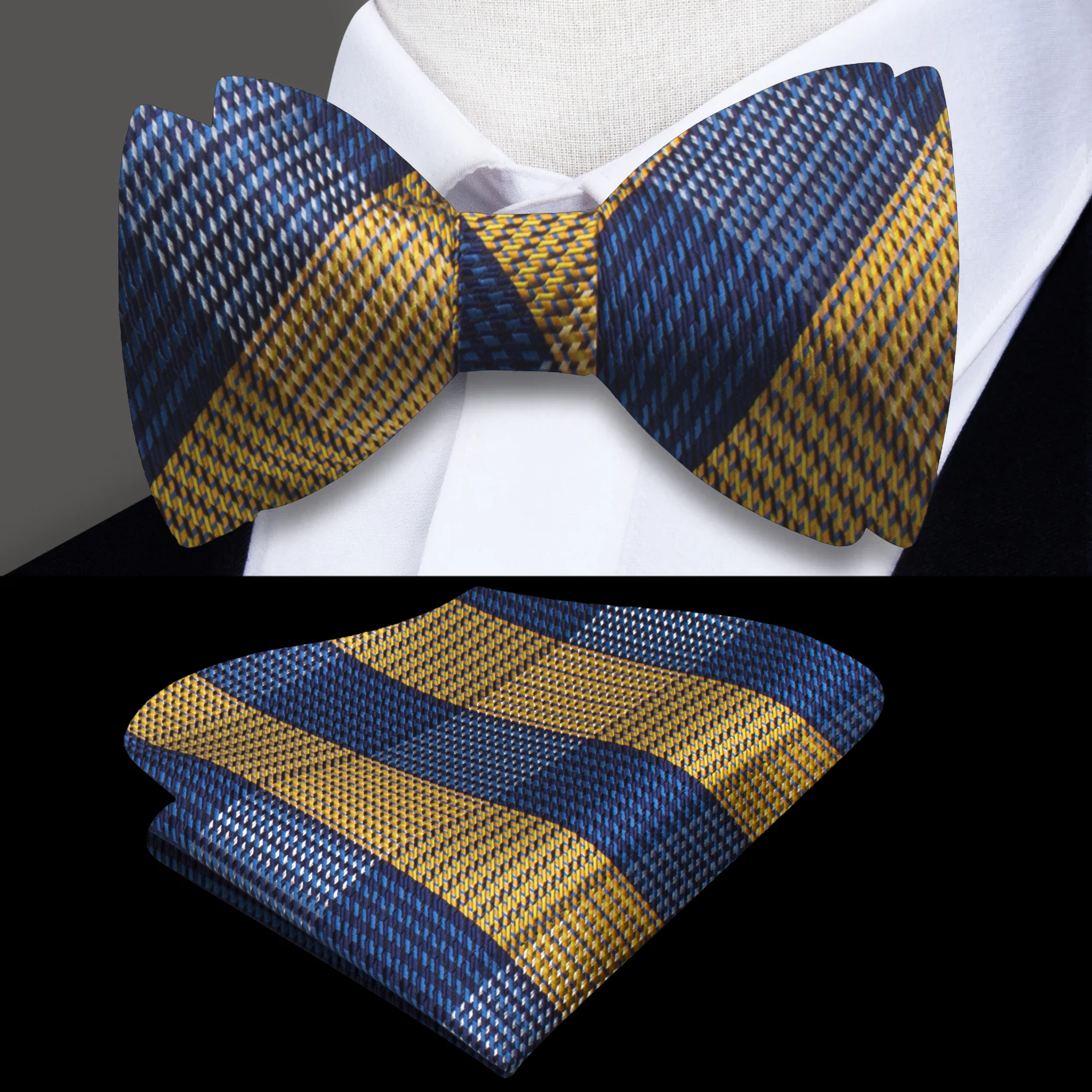 Close-up of red and blue plaid silk bow tie on a mannequin for wedding attire