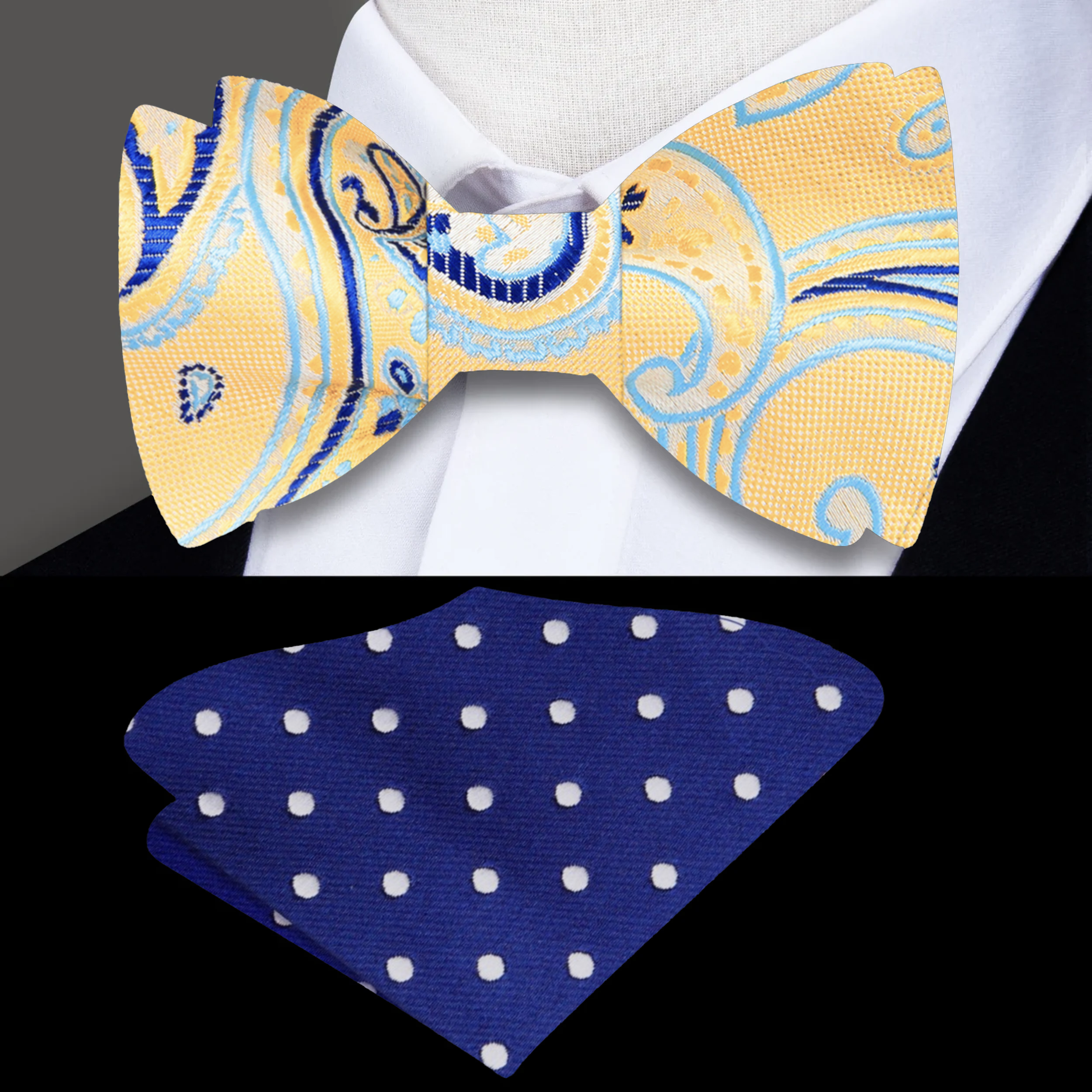 Close-up of vibrant yellow paisley bow tie with blue accents, highlighting its intricate silk texture.