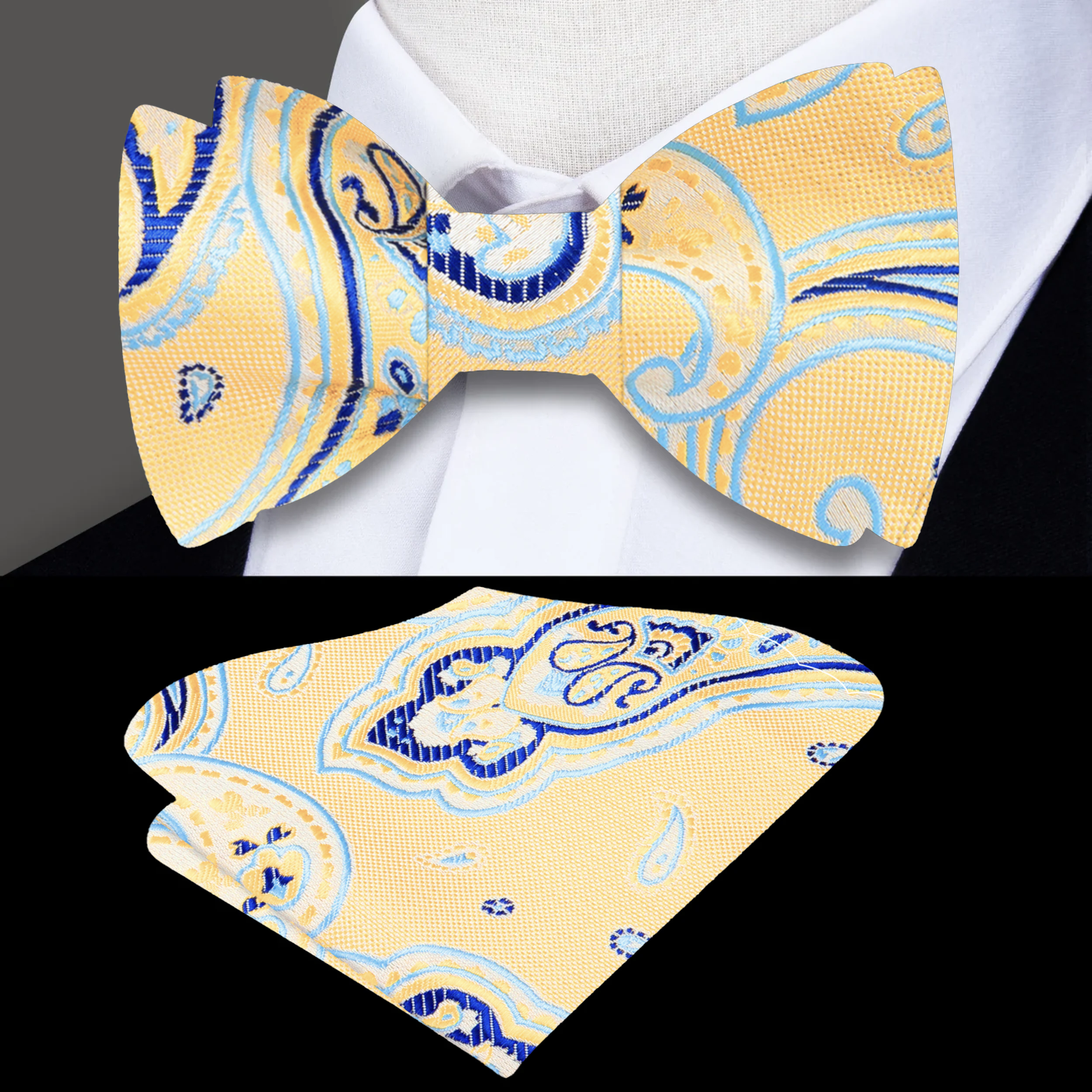 Vibrant yellow and blue paisley bow tie styled with a white dress shirt, perfect for formal occasions.