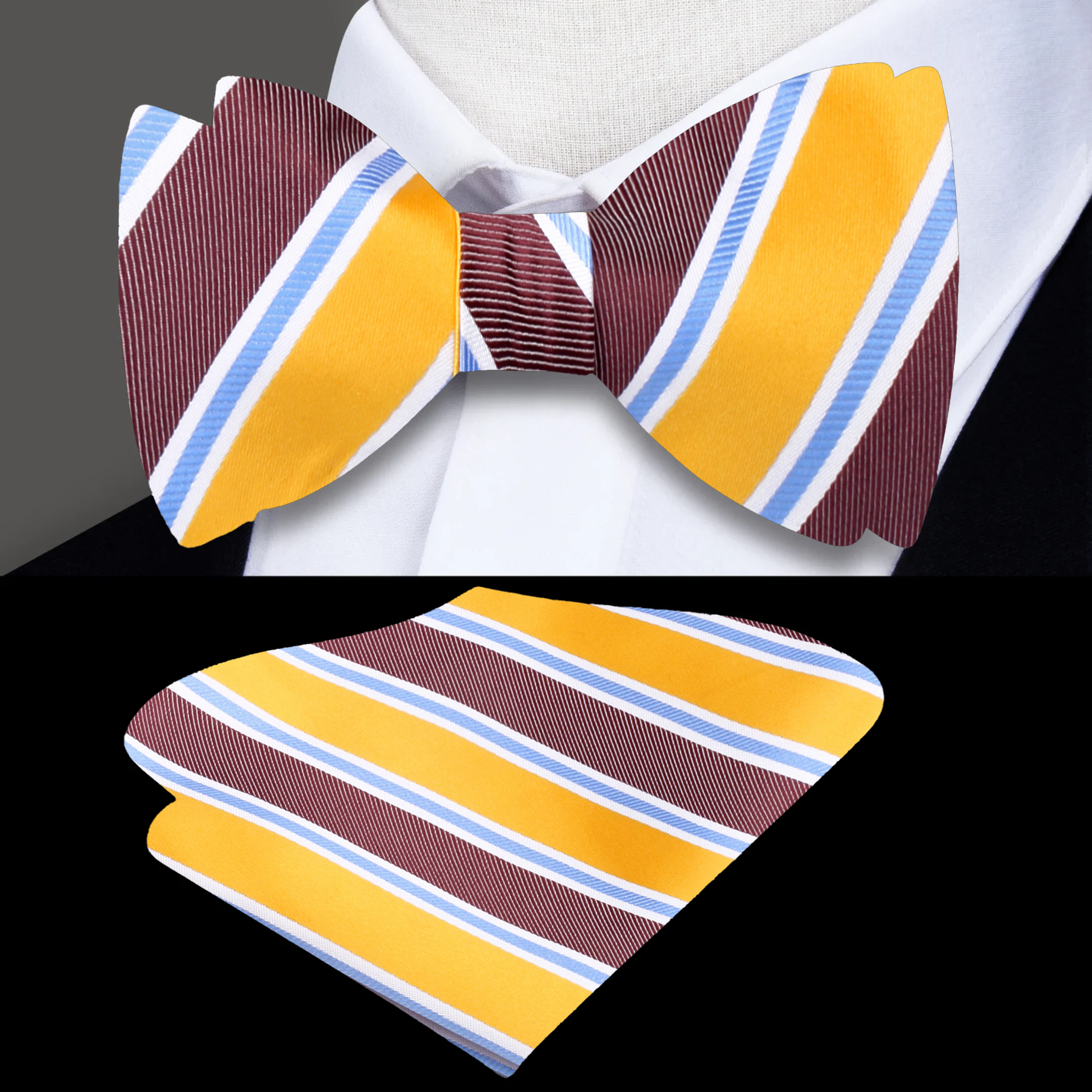 Close-up of a brown and yellow stripe silk bow tie, perfect for outdoor celebrations