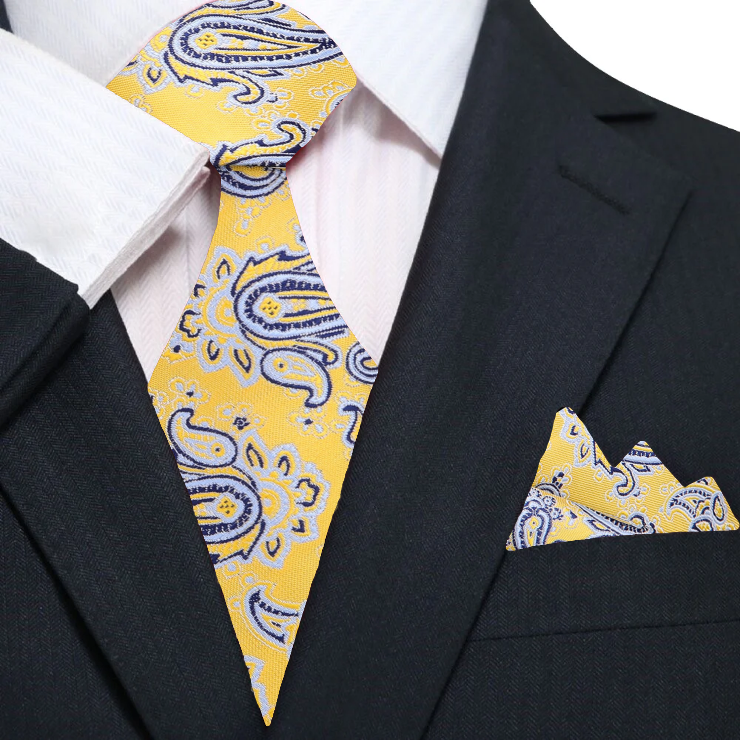 Man wearing a paisley silk tie with a navy suit at a wedding