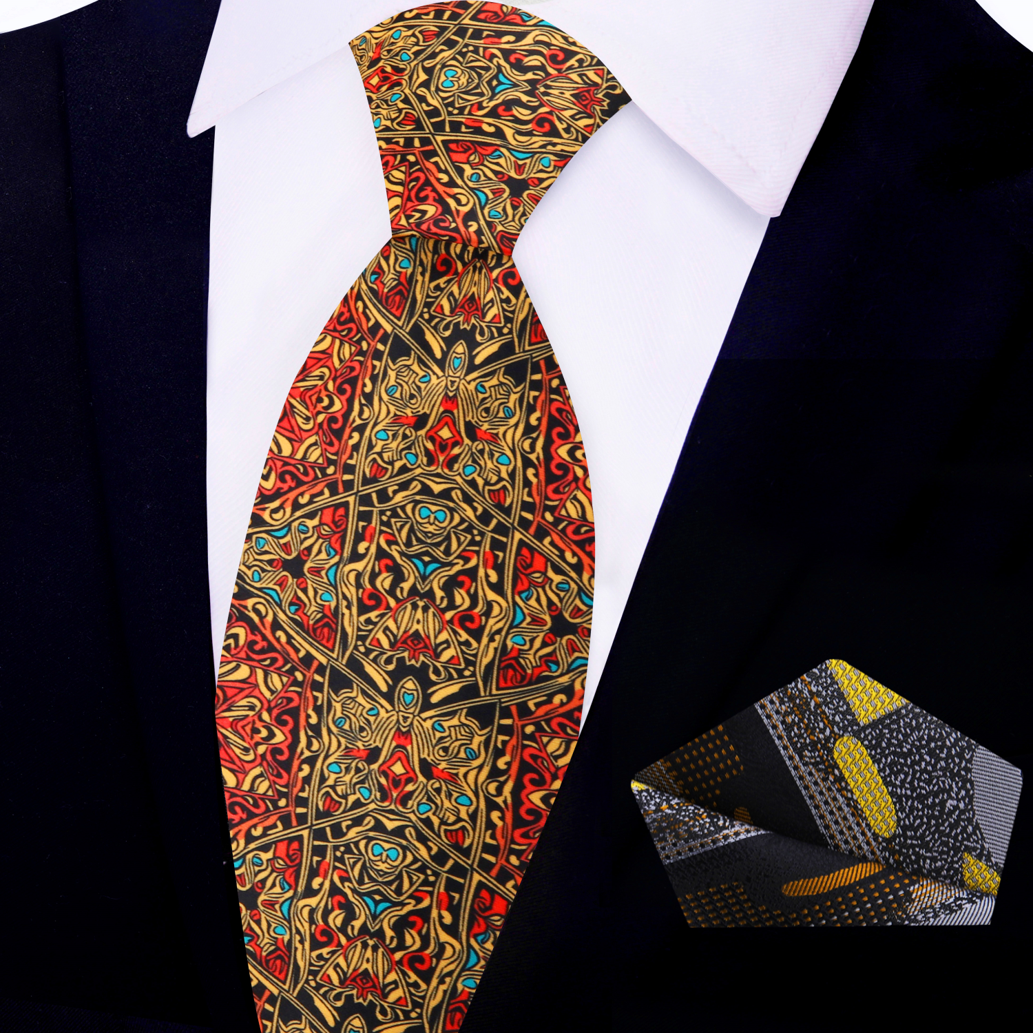 Elegant silk necktie with abstract pattern in black, blue, and red, ideal for weddings and formal events