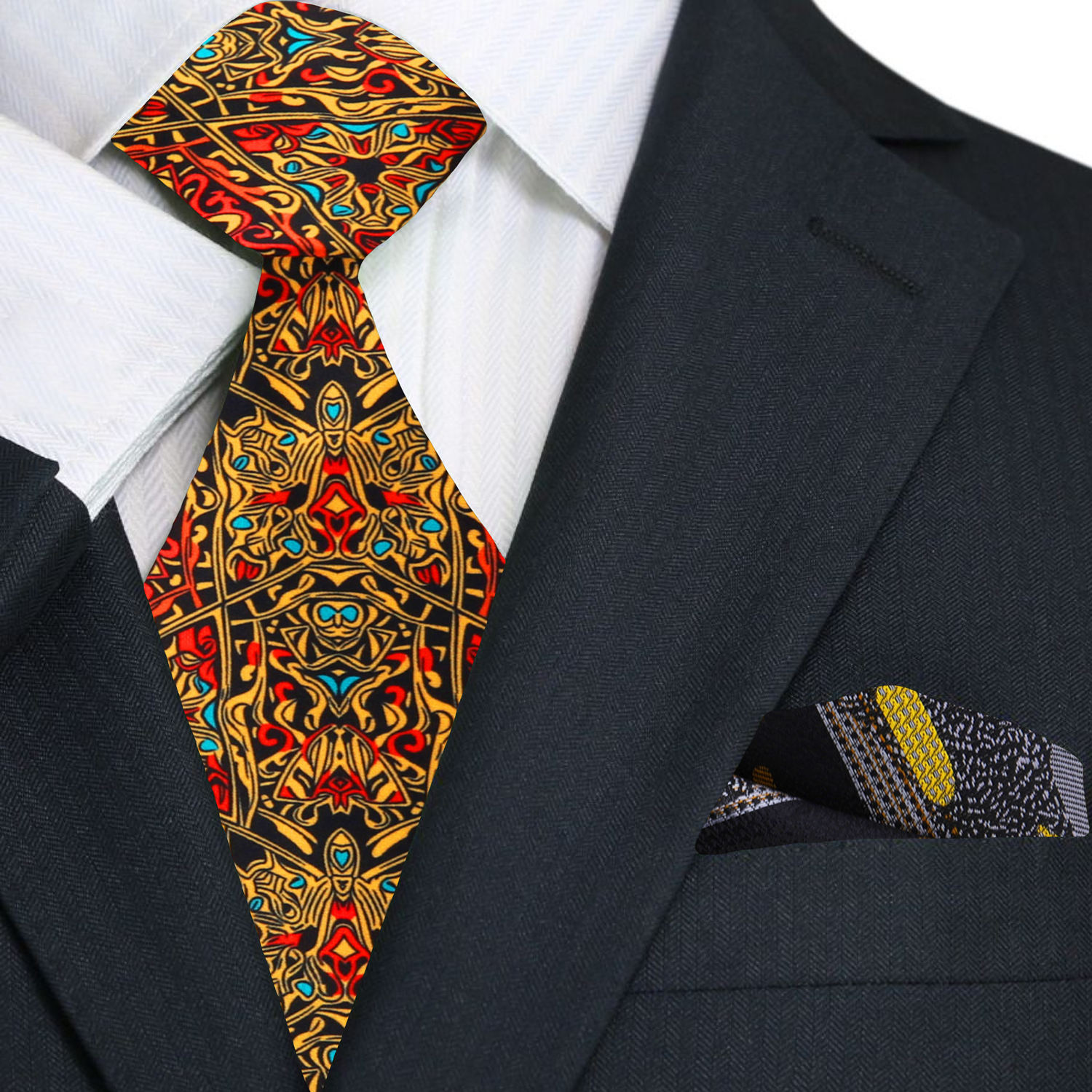 Close-up of the detailed design on the abstract pattern necktie for professional attire