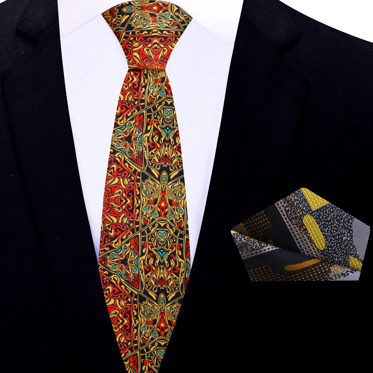 Fashionable silk tie styled with a suit, perfect for creative professionals or wedding guests