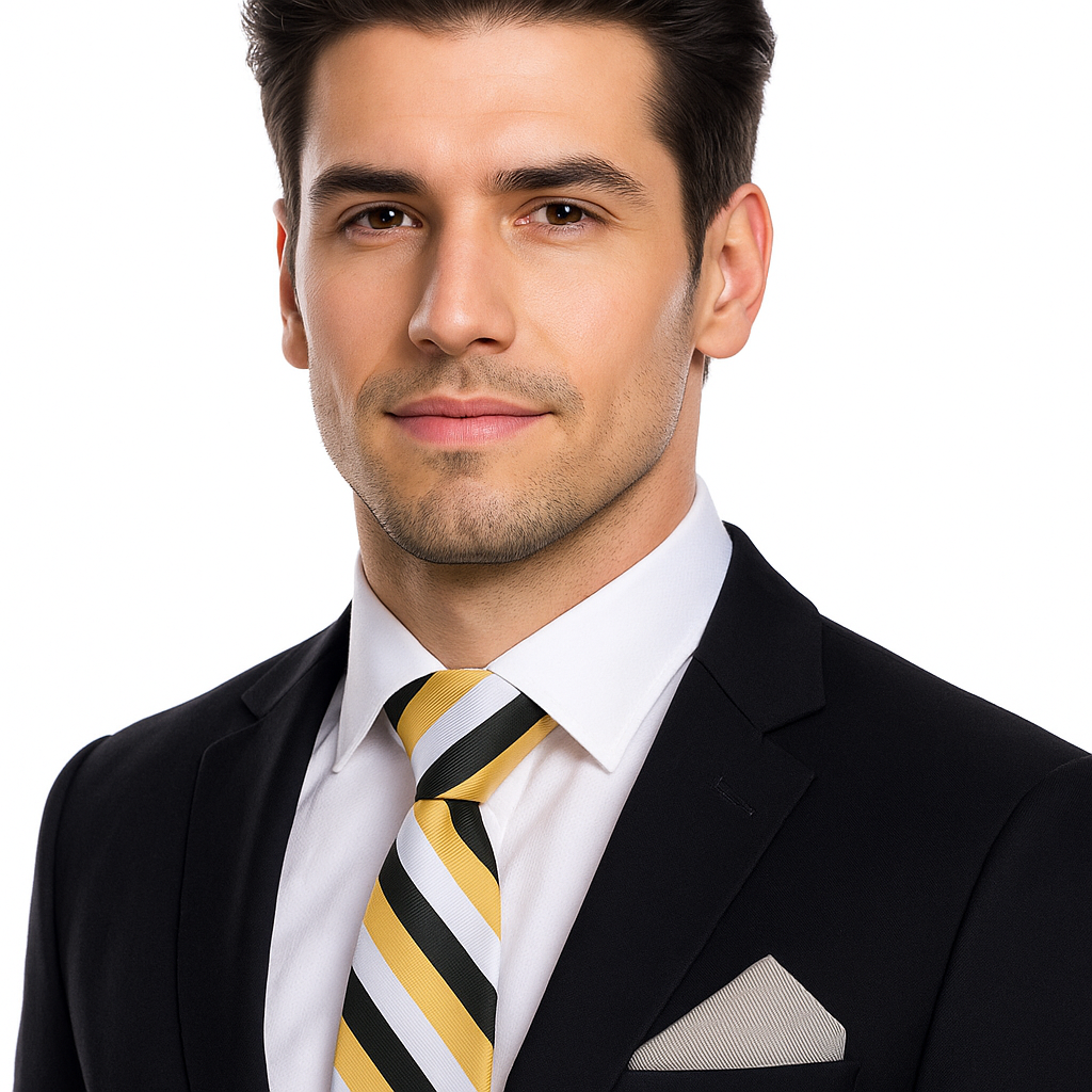 Close-up of the luxury silk tie showcasing bold yellow gold and black stripes, ideal for business meetings.