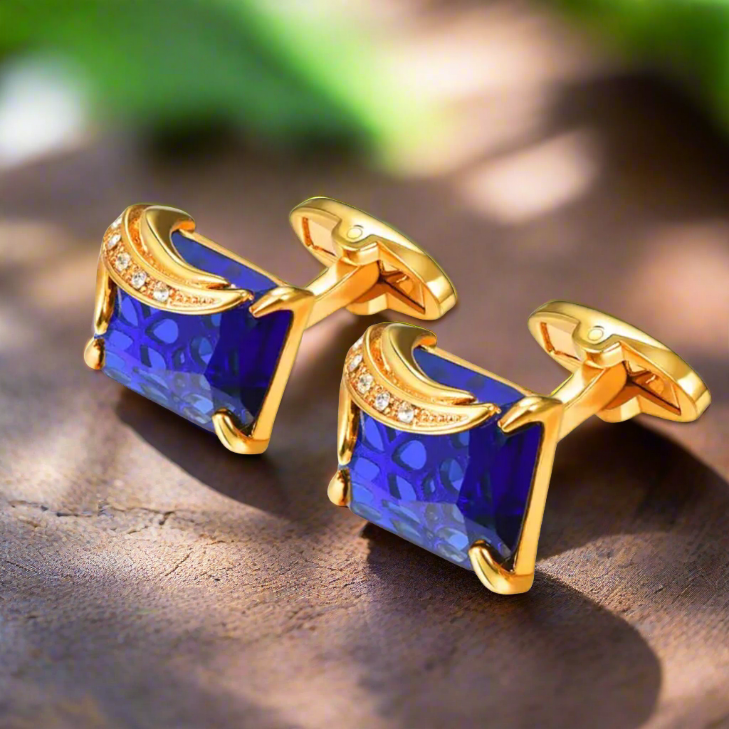 Close-up of vibrant glass stones on Lagoon Series cufflinks in gold finish
