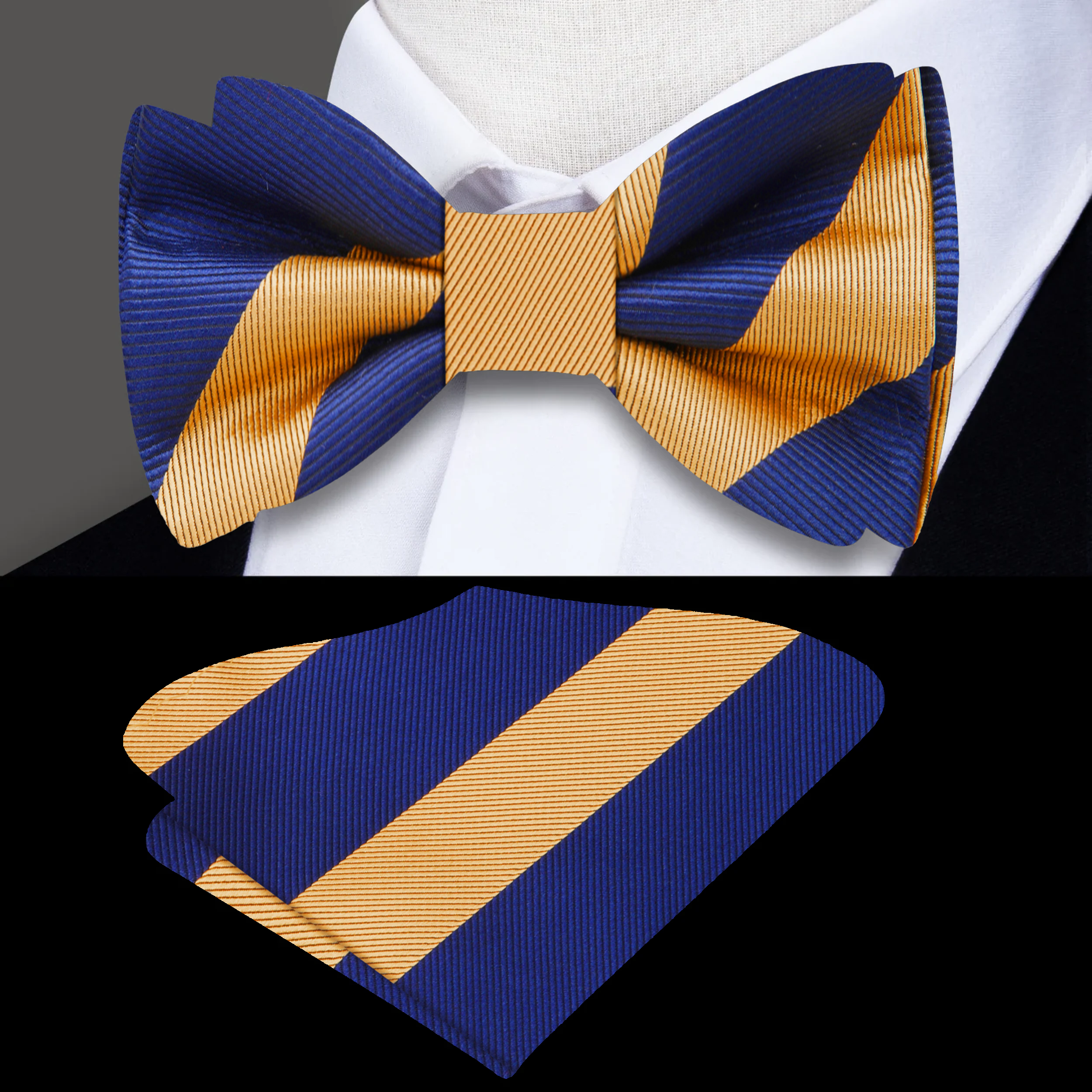 Model wearing a formal bow tie with wide stripe design for wedding guest outfit