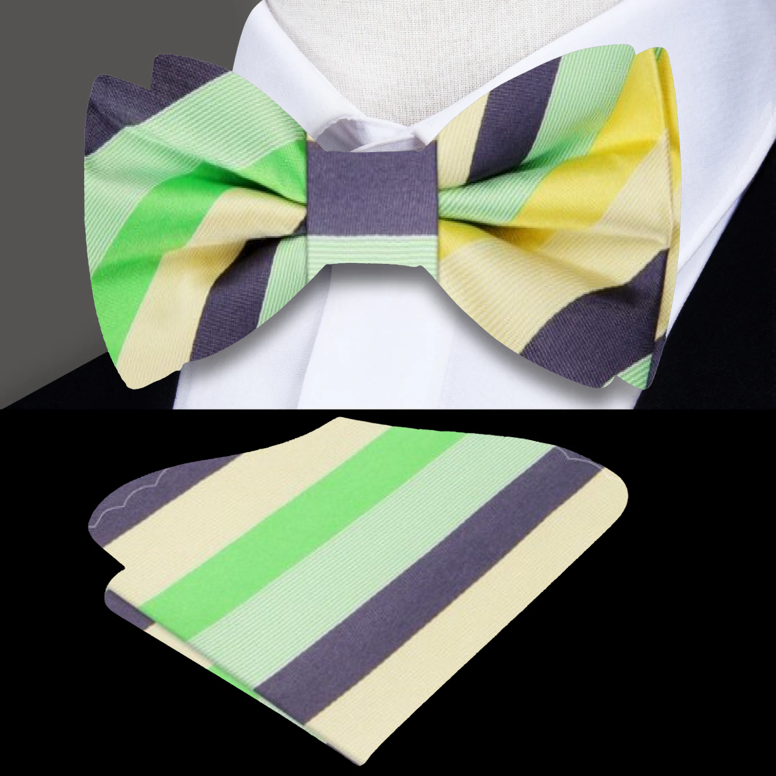 Pastel striped bow tie showcasing vibrant shades for a spring wedding.