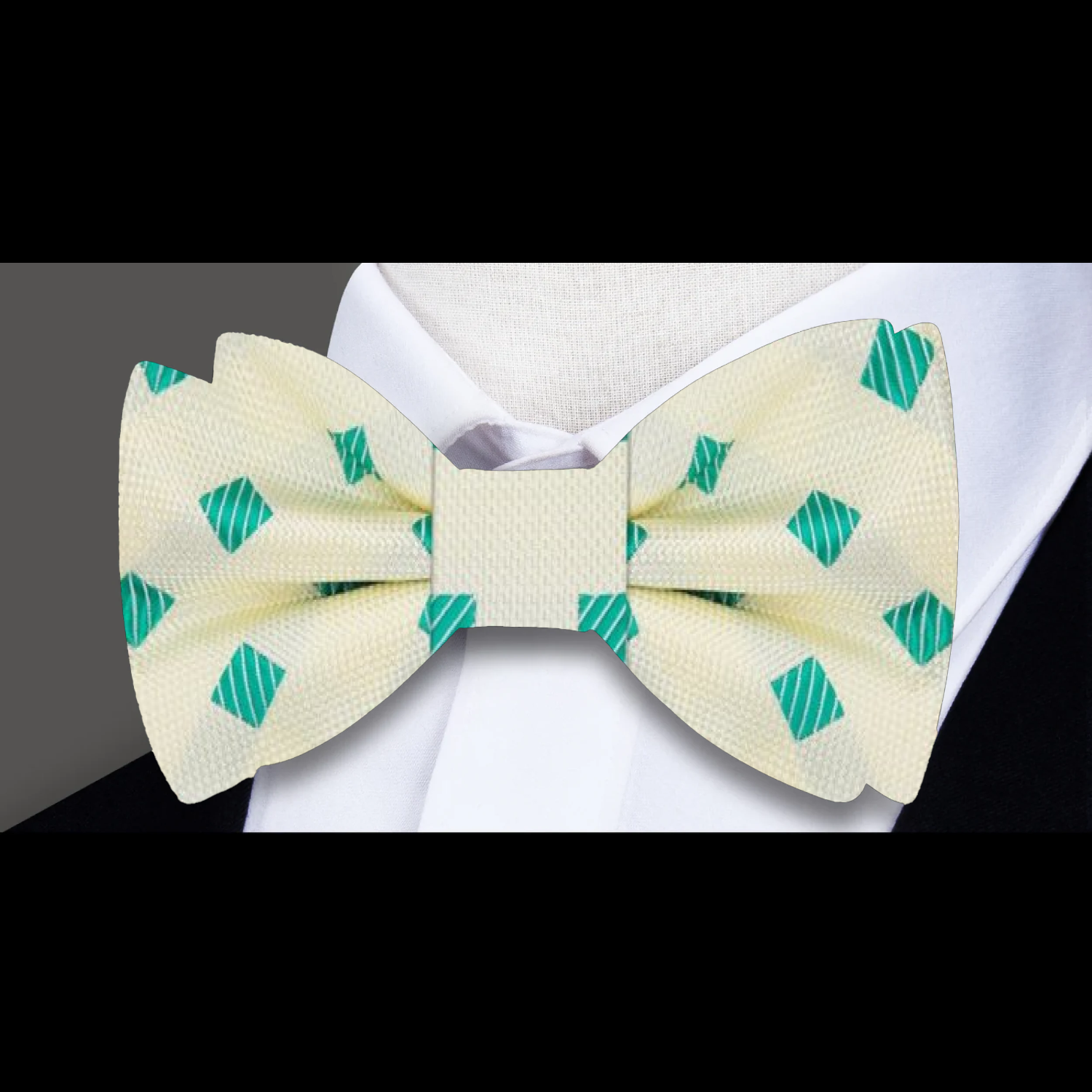 Front view of light blue and peach diamond geometric bow tie, perfect for formal occasions