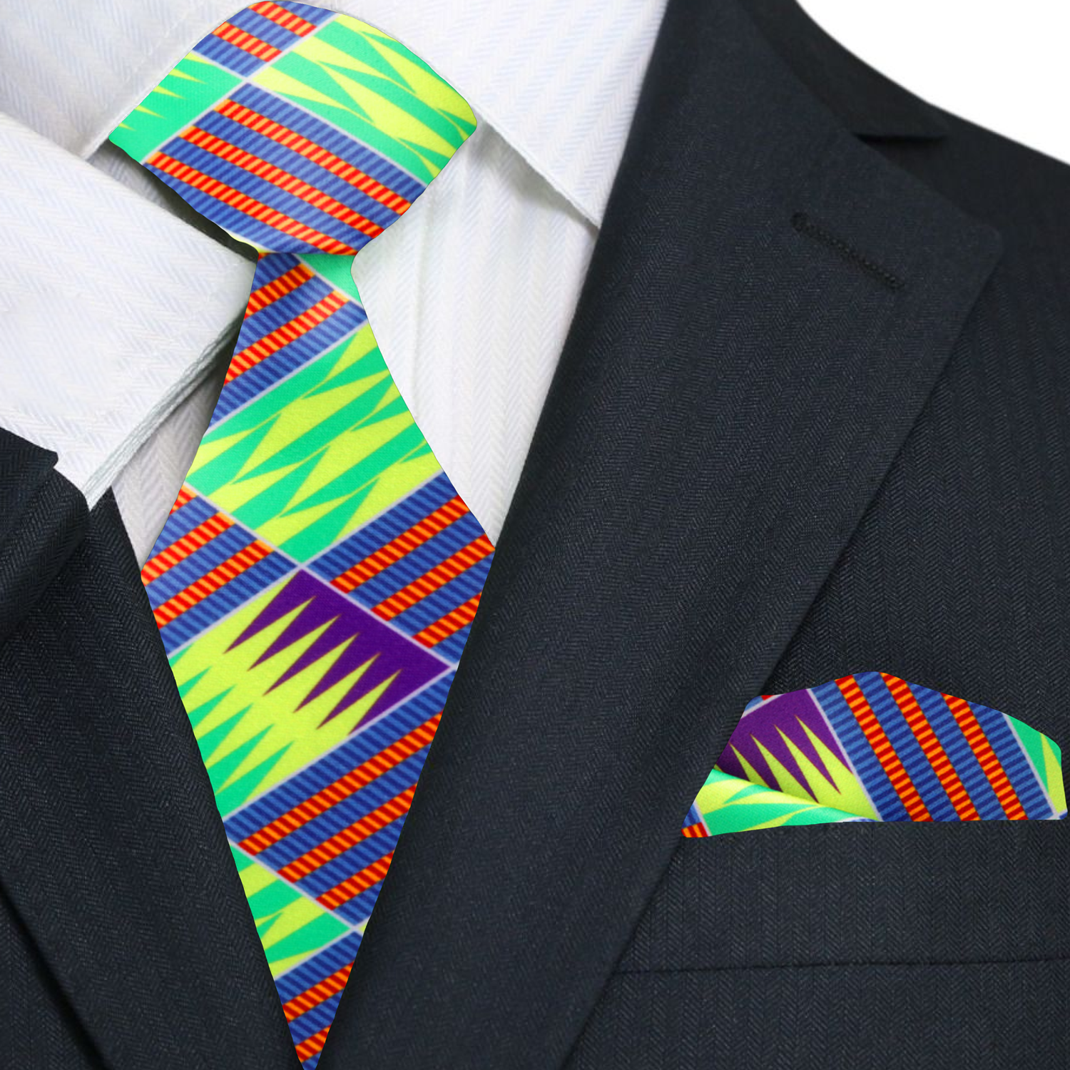 Kente tie styled with a white dress shirt, highlighting its cultural design for a polished look at events.