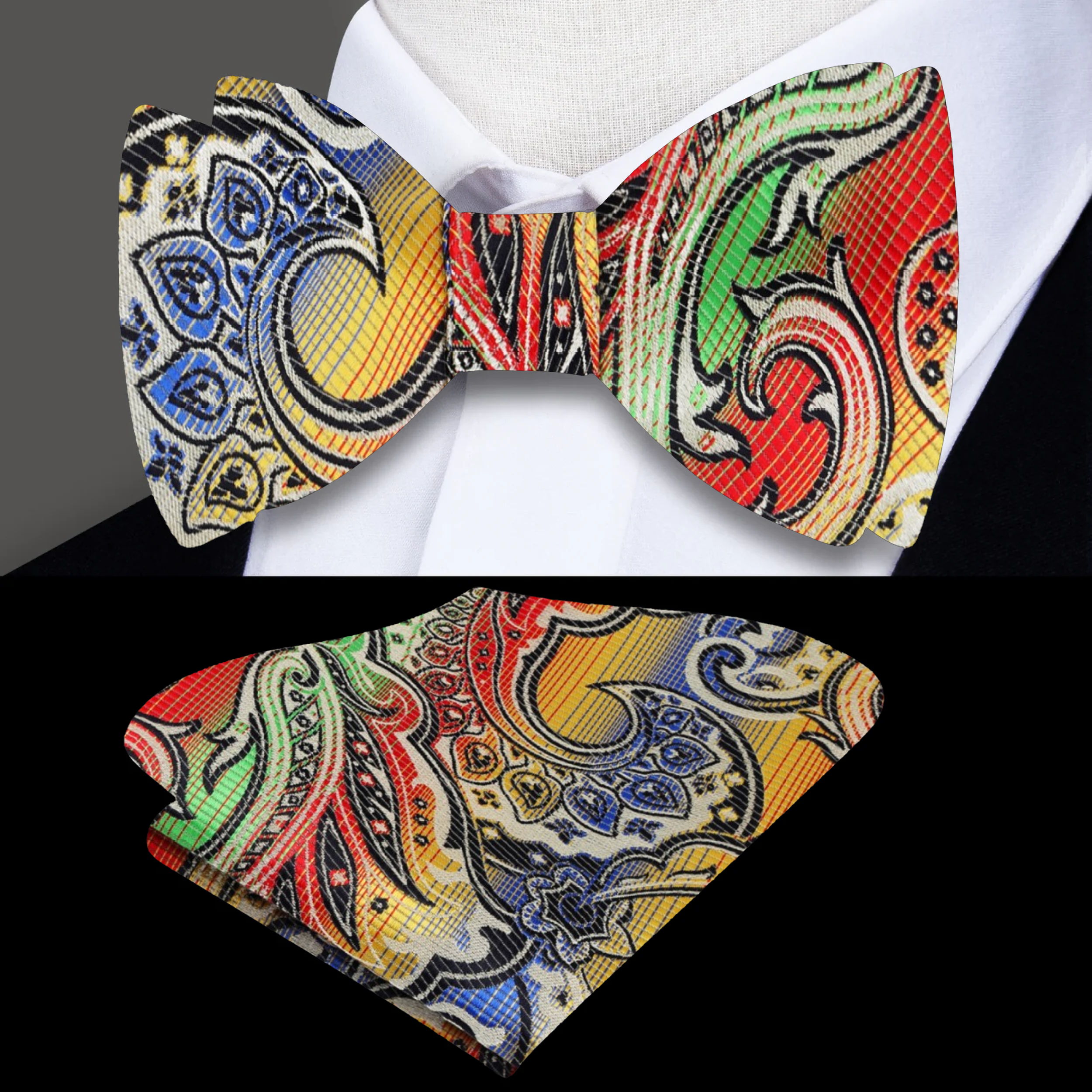 Close-up of vibrant paisley silk bow tie showing detailed pattern and colors