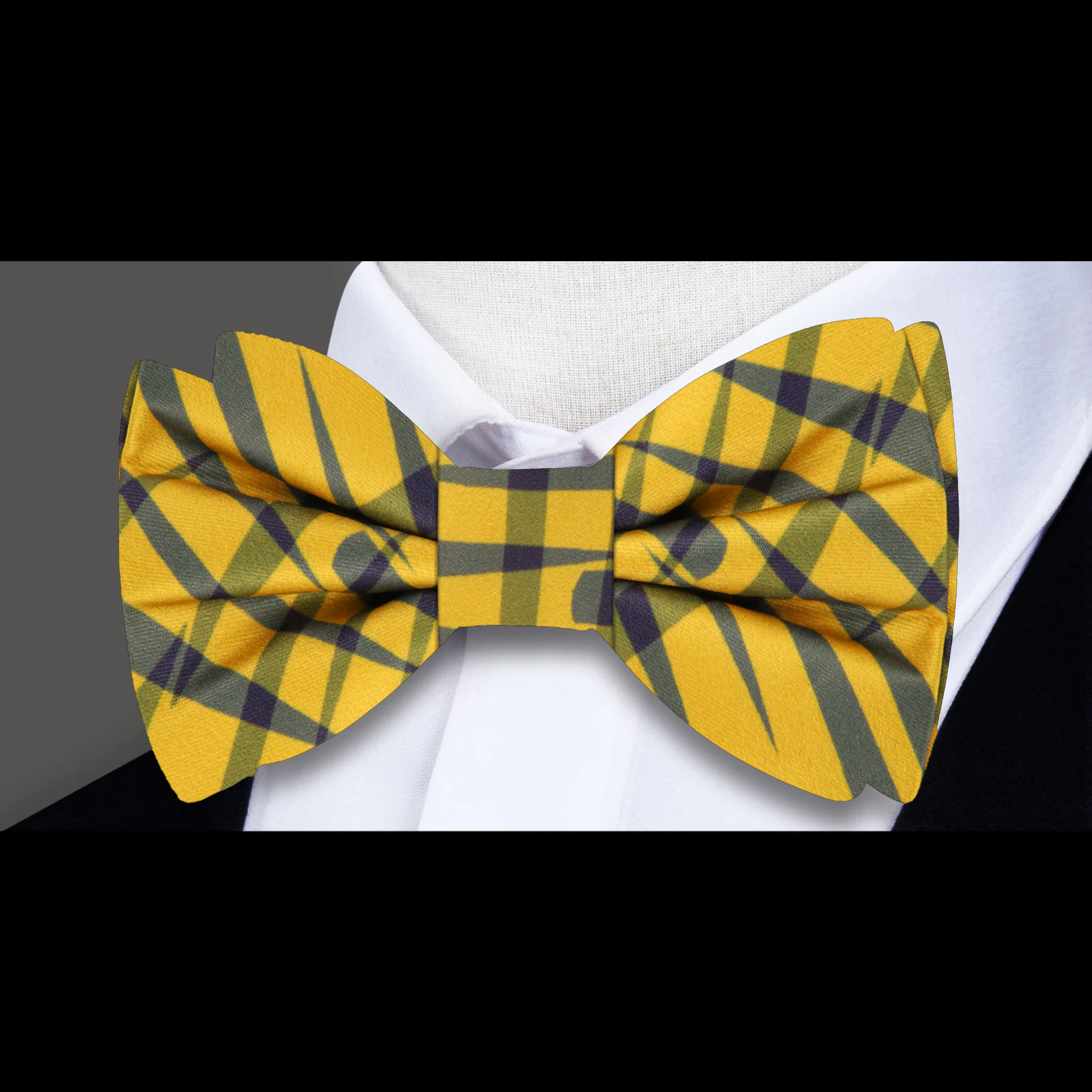 Model wearing the Sunbeam Elegance bow tie with a classic white dress shirt, showcasing its versatility for formal events.