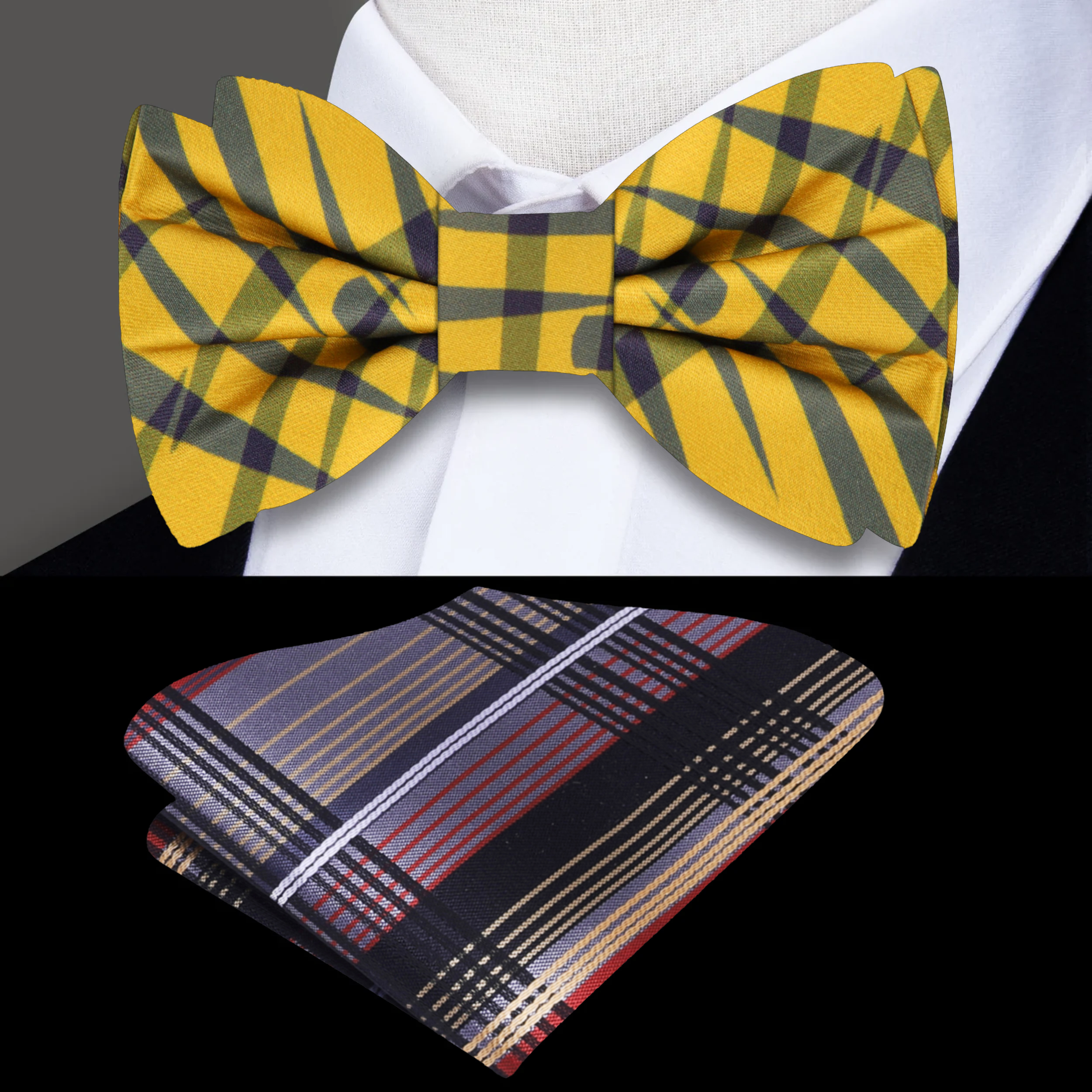 The Sunbeam Elegance bow tie displayed against a charcoal grey suit, illustrating a chic pairing for business or pleasure.