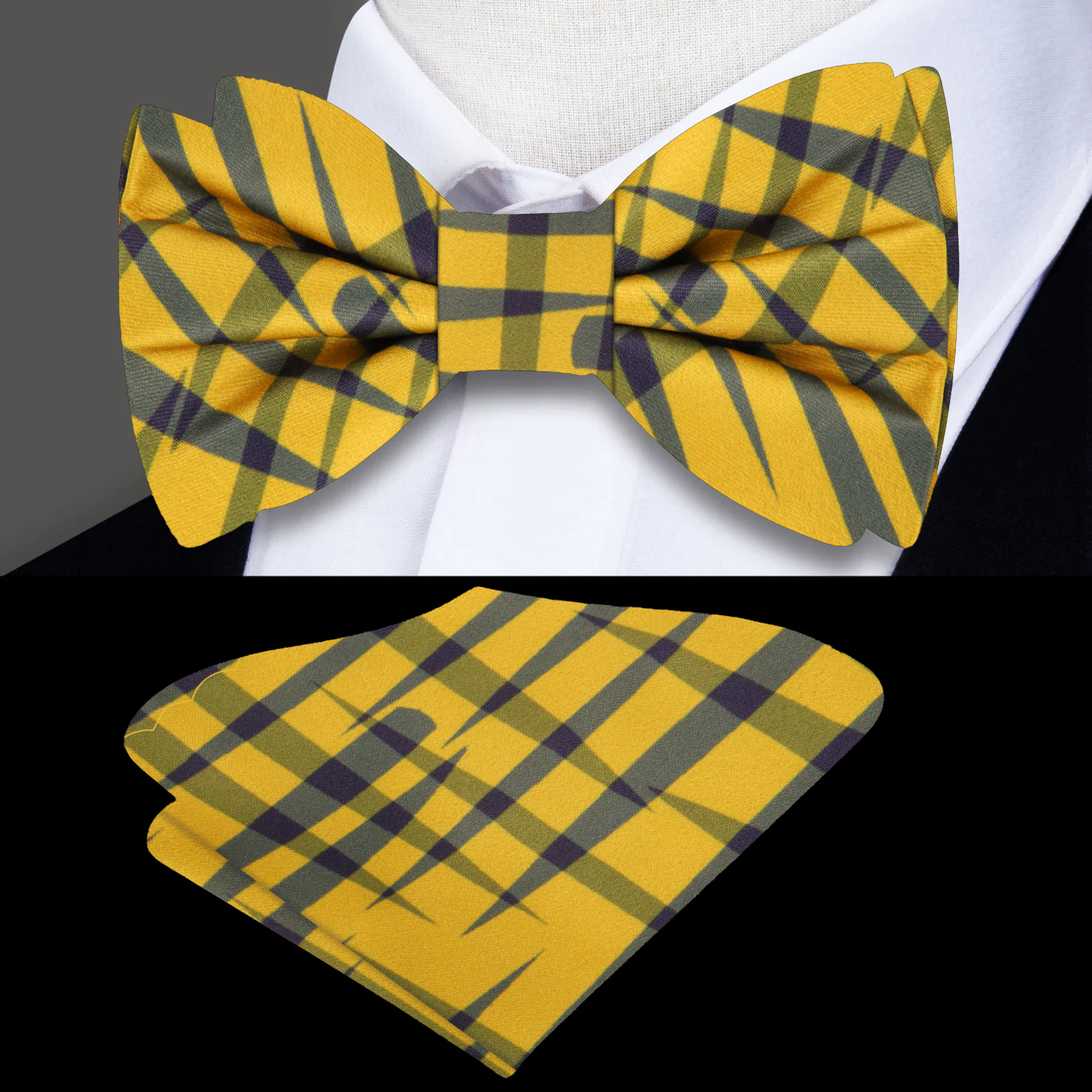 Close-up view of the Sunbeam Elegance yellow and grey jagged plaid silk bow tie for men, highlighting the intricate pattern and silk texture.
