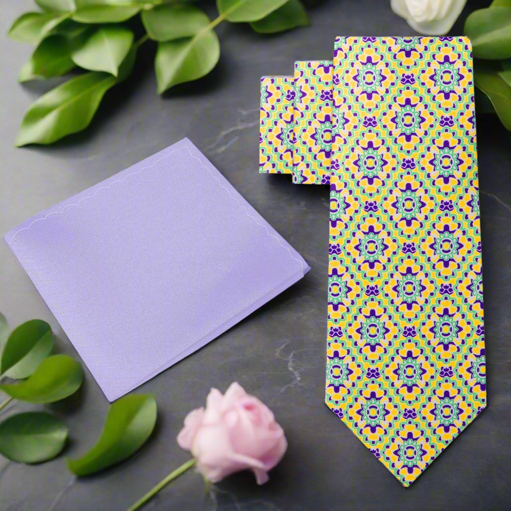 Vibrant Mosaic Silk Necktie with yellow, green, and purple geometric pattern, ideal for summer events.