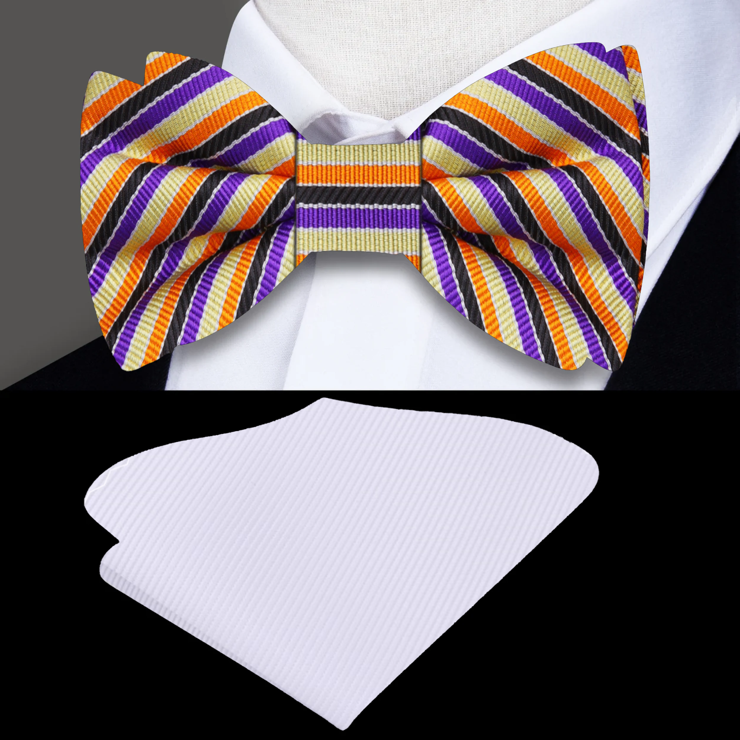 Close-up of the vibrant striped silk bow tie showcasing the bold colors and pattern.