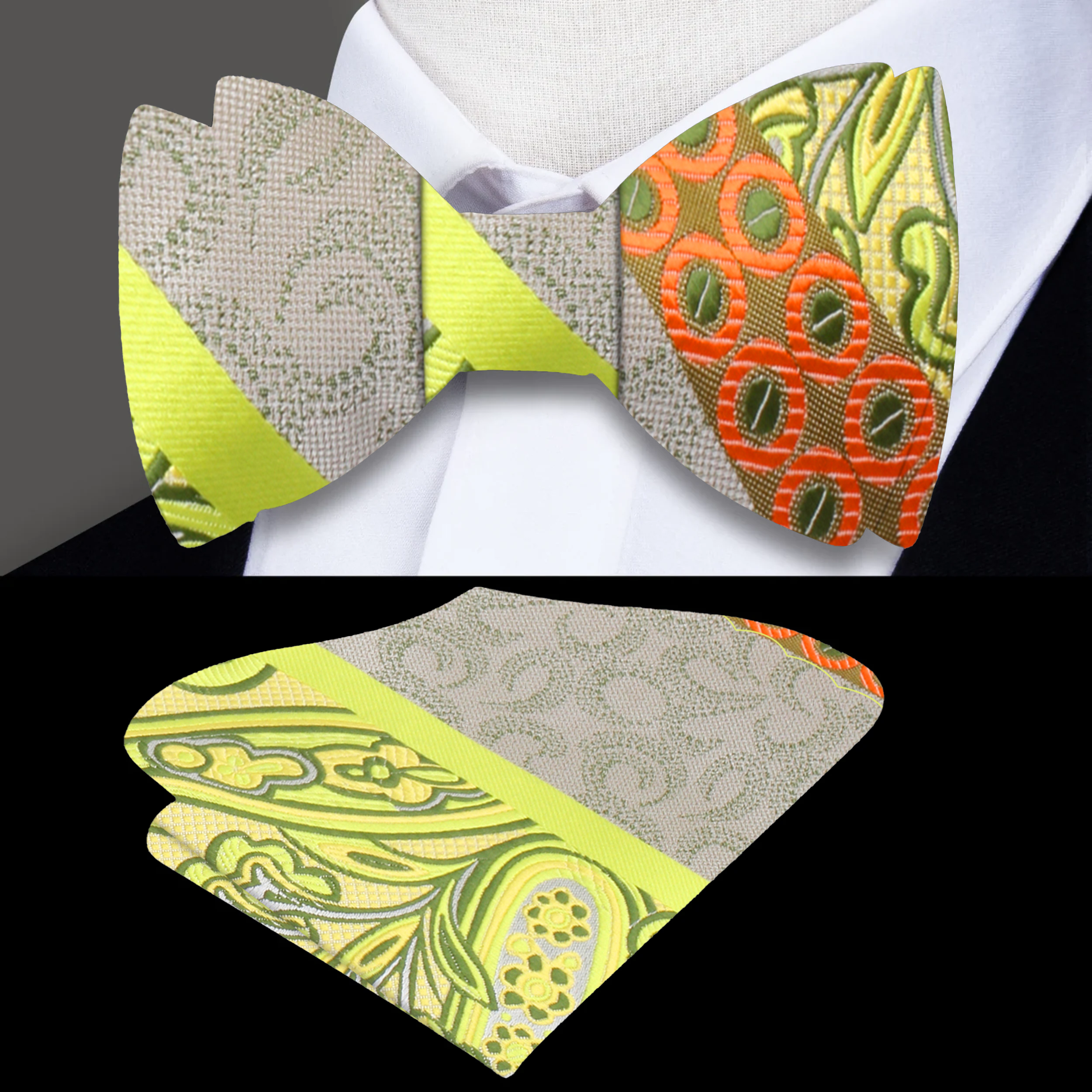 Vibrant paisley silk bow tie in red and blue on a model for wedding attire