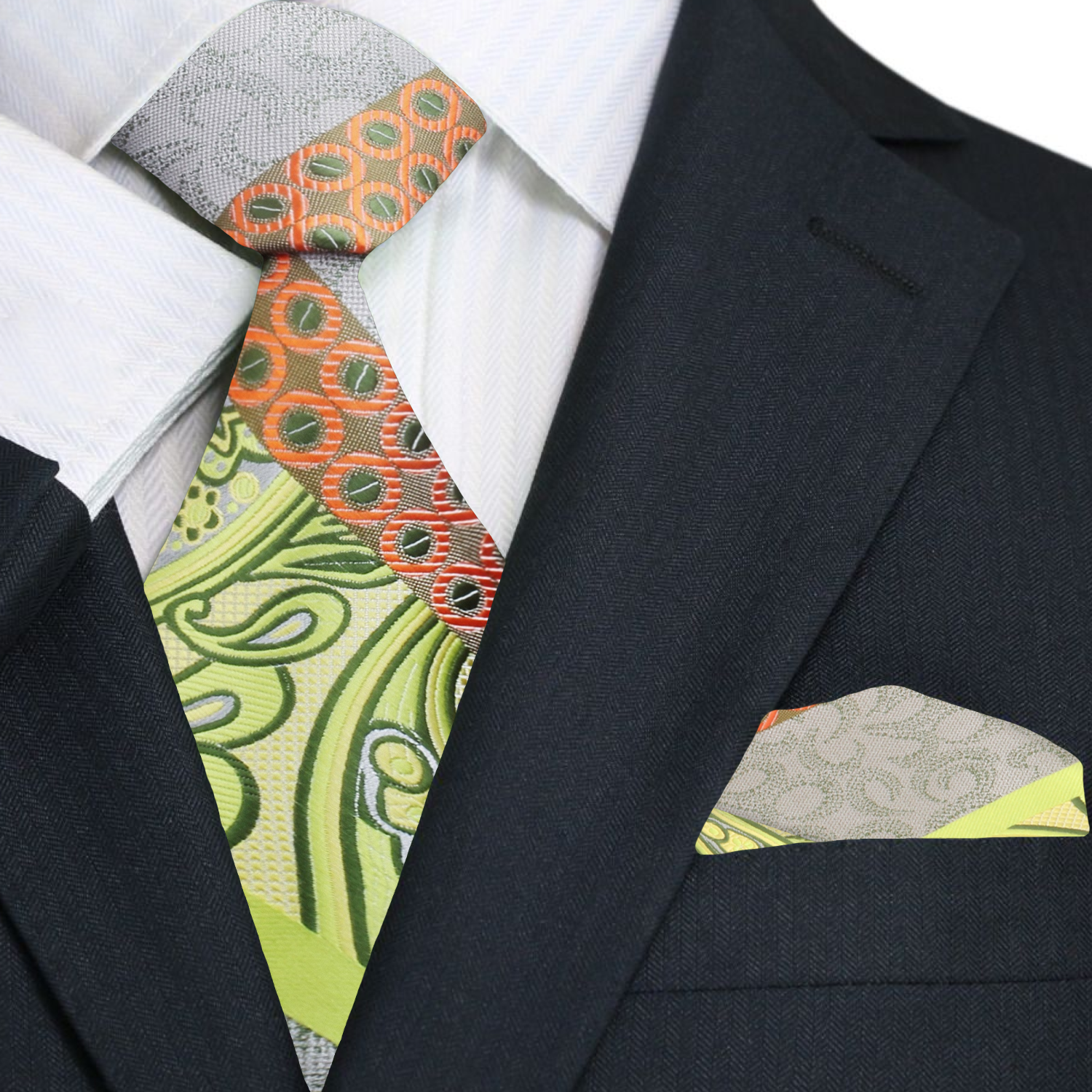 Close-up view of a vibrant yellow and orange paisley silk tie, showcasing intricate patterns and textures.