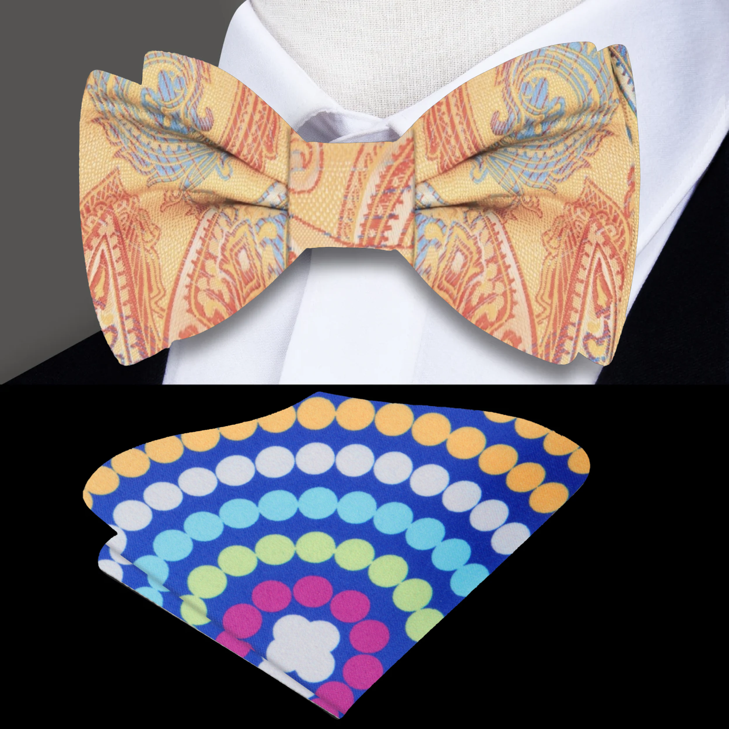 Close-up of vibrant paisley pattern on a silk bow tie suitable for summer weddings