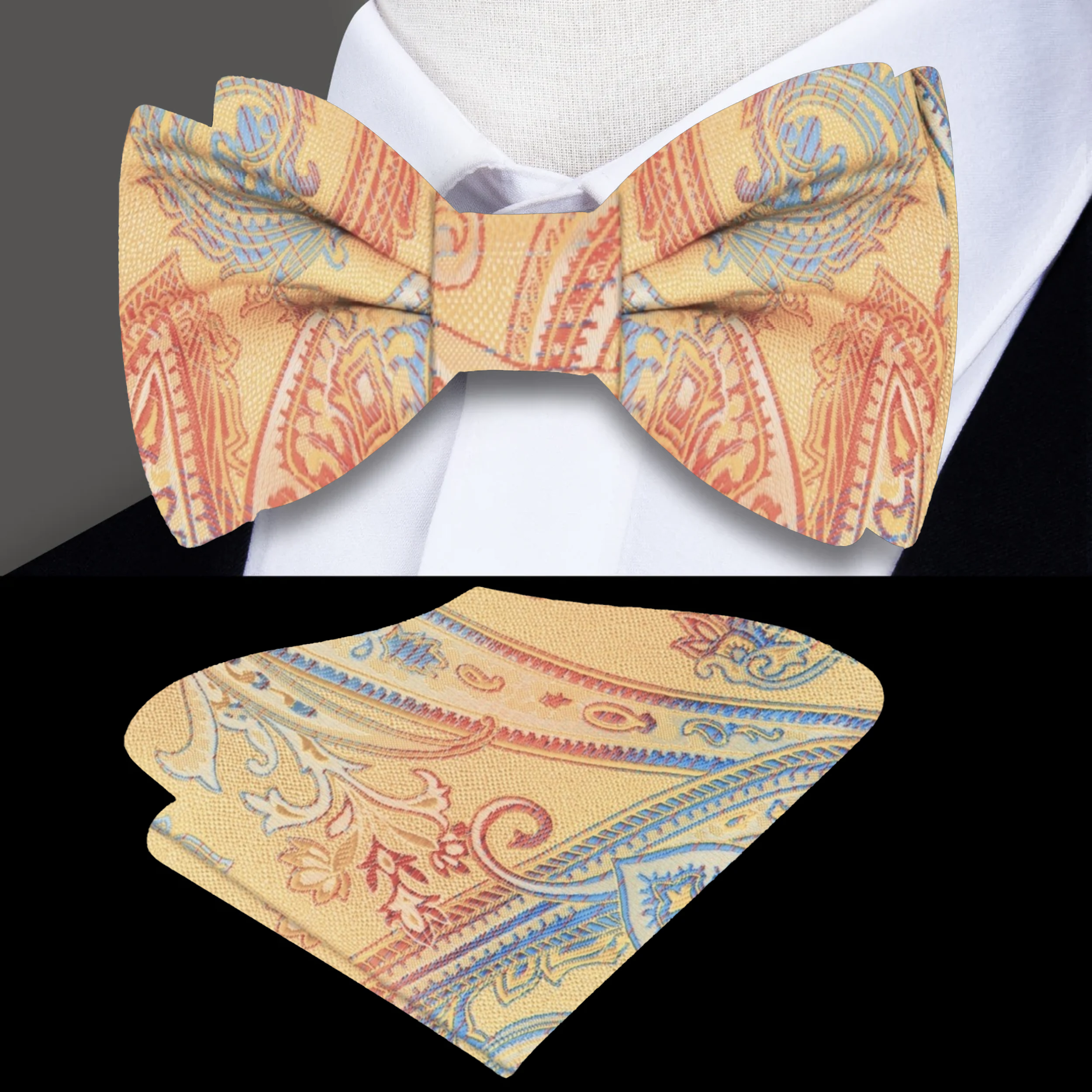 Man wearing a stylish paisley bow tie with a white dress shirt for a formal party
