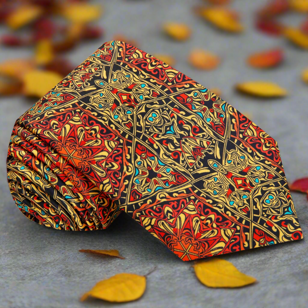 Elegant silk necktie with abstract pattern in black, blue, and red, ideal for weddings and formal events