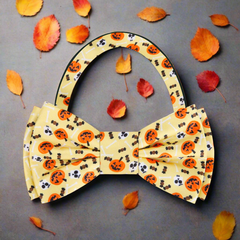 Mens Halloween bow tie with pumpkin motifs, ideal for parties and trick-or-treating