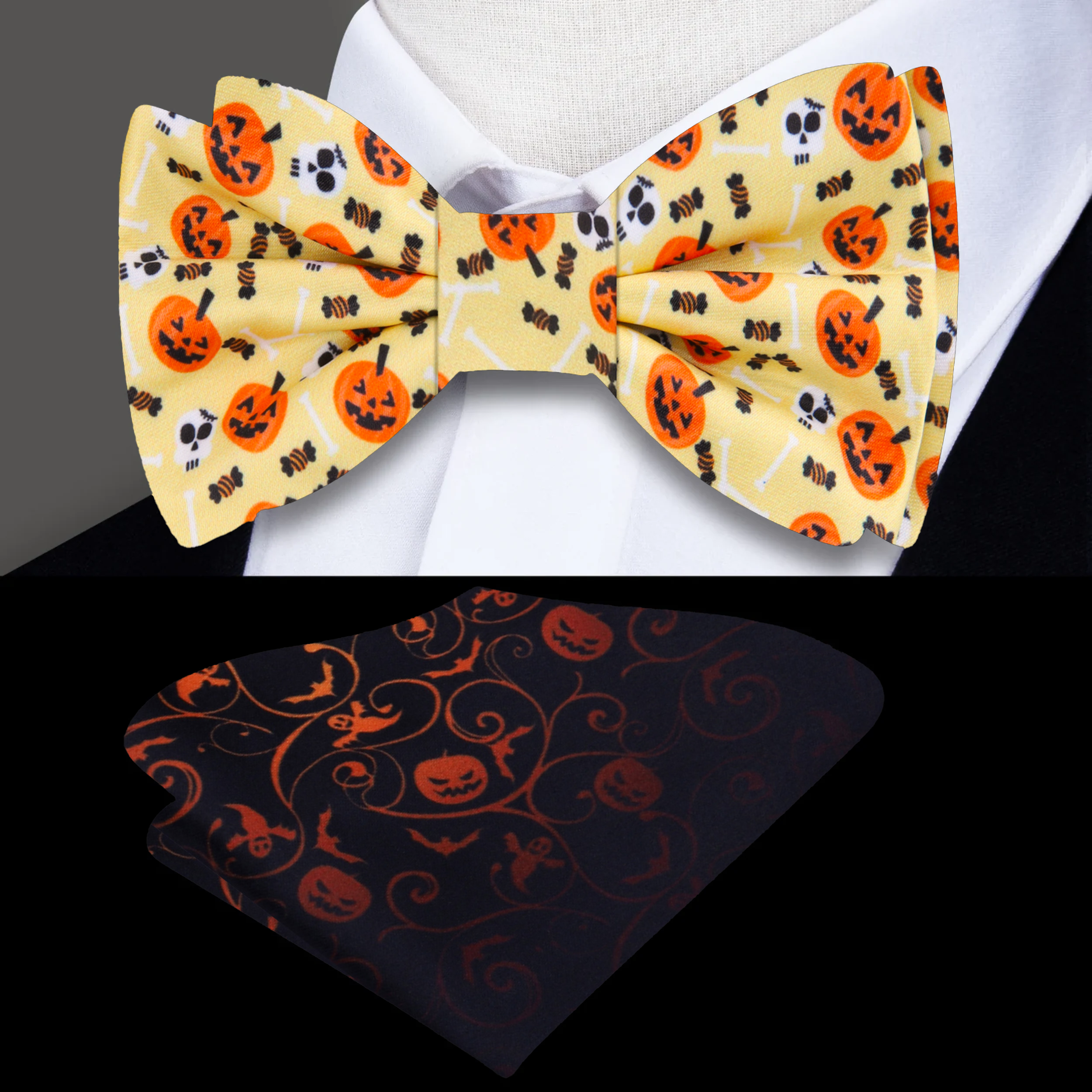 Close-up of men's Halloween pumpkin bow tie with orange and black design