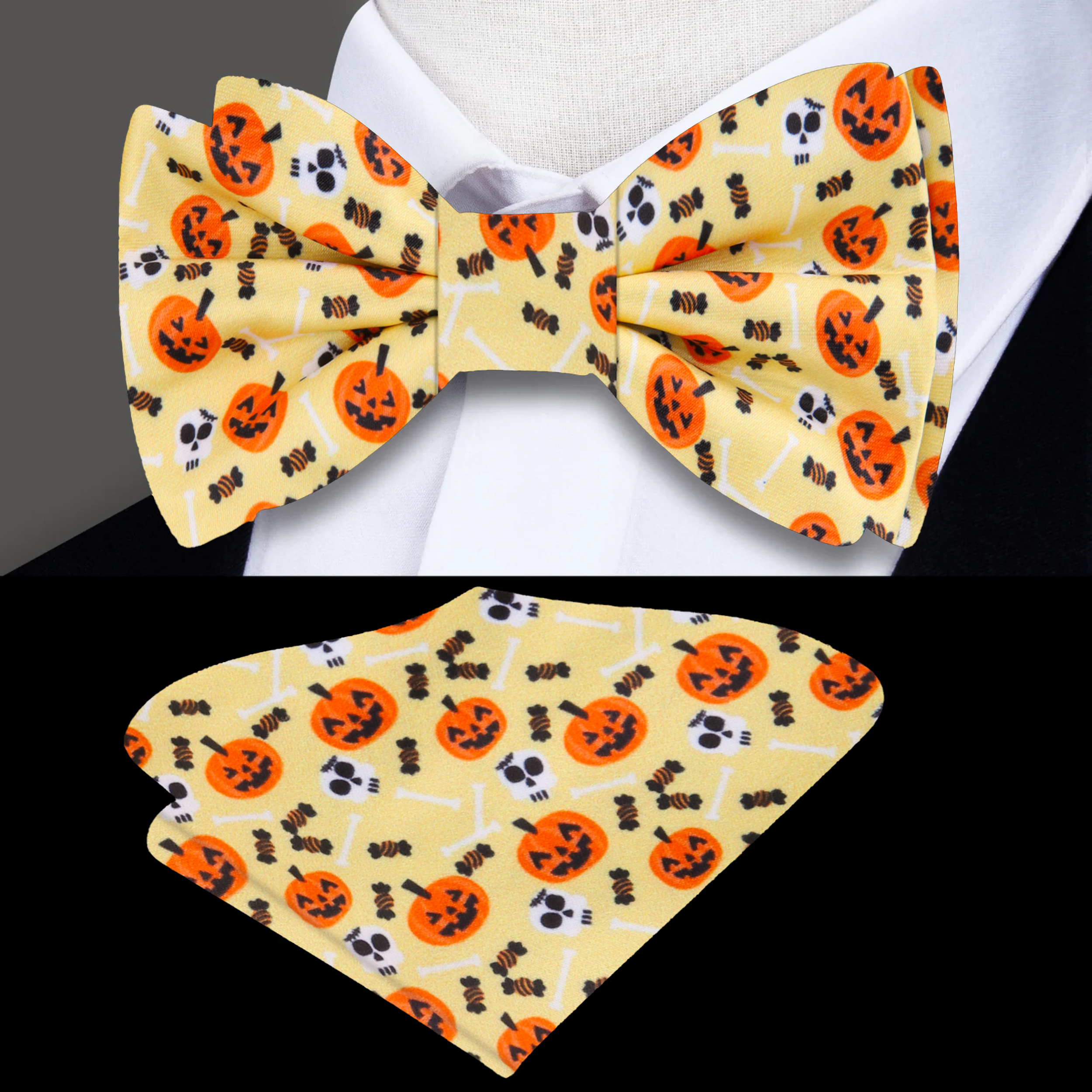 Styled with a white dress shirt and matching pocket square for a Halloween costume