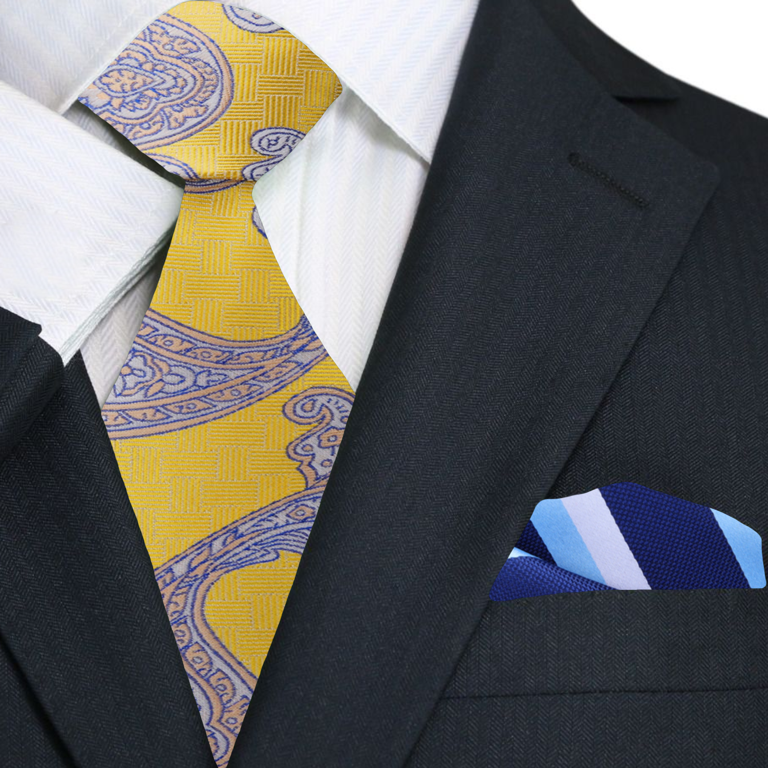 Stylish man wearing a paisley tie with a crisp white shirt, perfect for business meetings.
